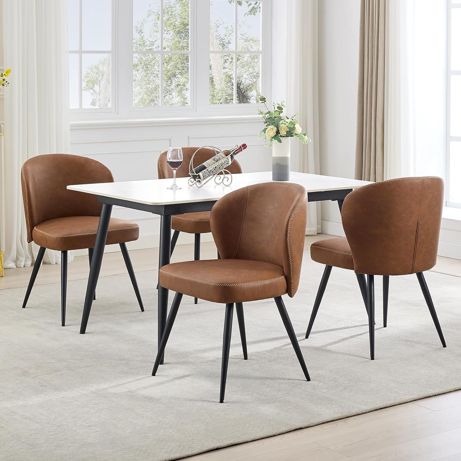 Qeetex QET-DC-WJ508 TrailBlaze Dining Chairs Set of 4 - Modern Upholstered Kitchen Chairs with Metal Legs - Faux Leather Accent Chairs with High Curved Backrest - Perfect for Living Dining Room - Brown