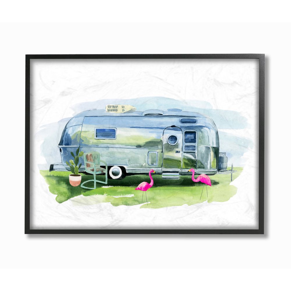 Stupell Industries AB-547-FR-16X20 Retro Camping Trailer with Flamingo Dcor Annie Warren Black Framed Wood Framed 20-Inches H x 16-Inches W Travel Print