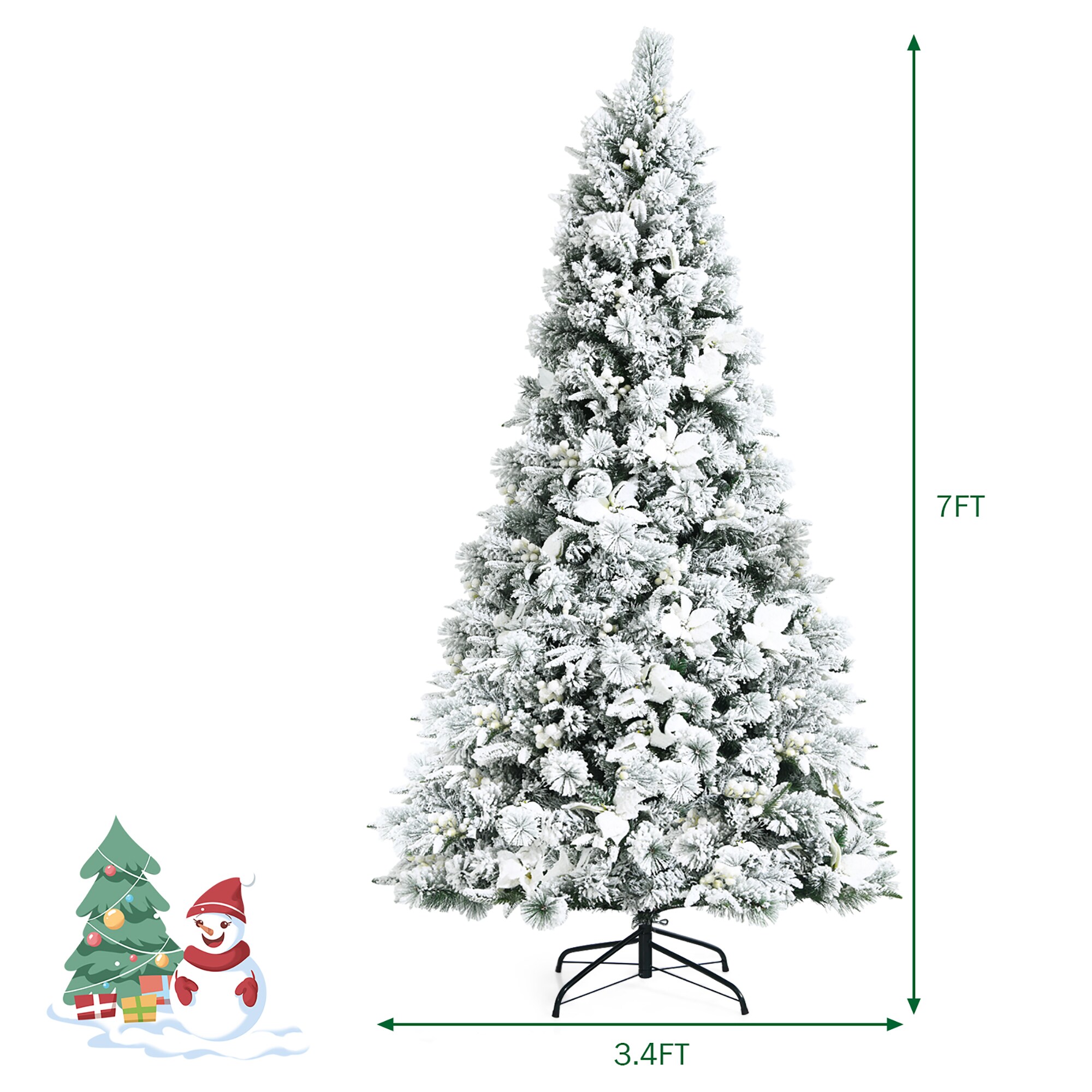 7-Foot Snow Flocked White Artificial Christmas Tree with Berries and Poinsettia Flowers