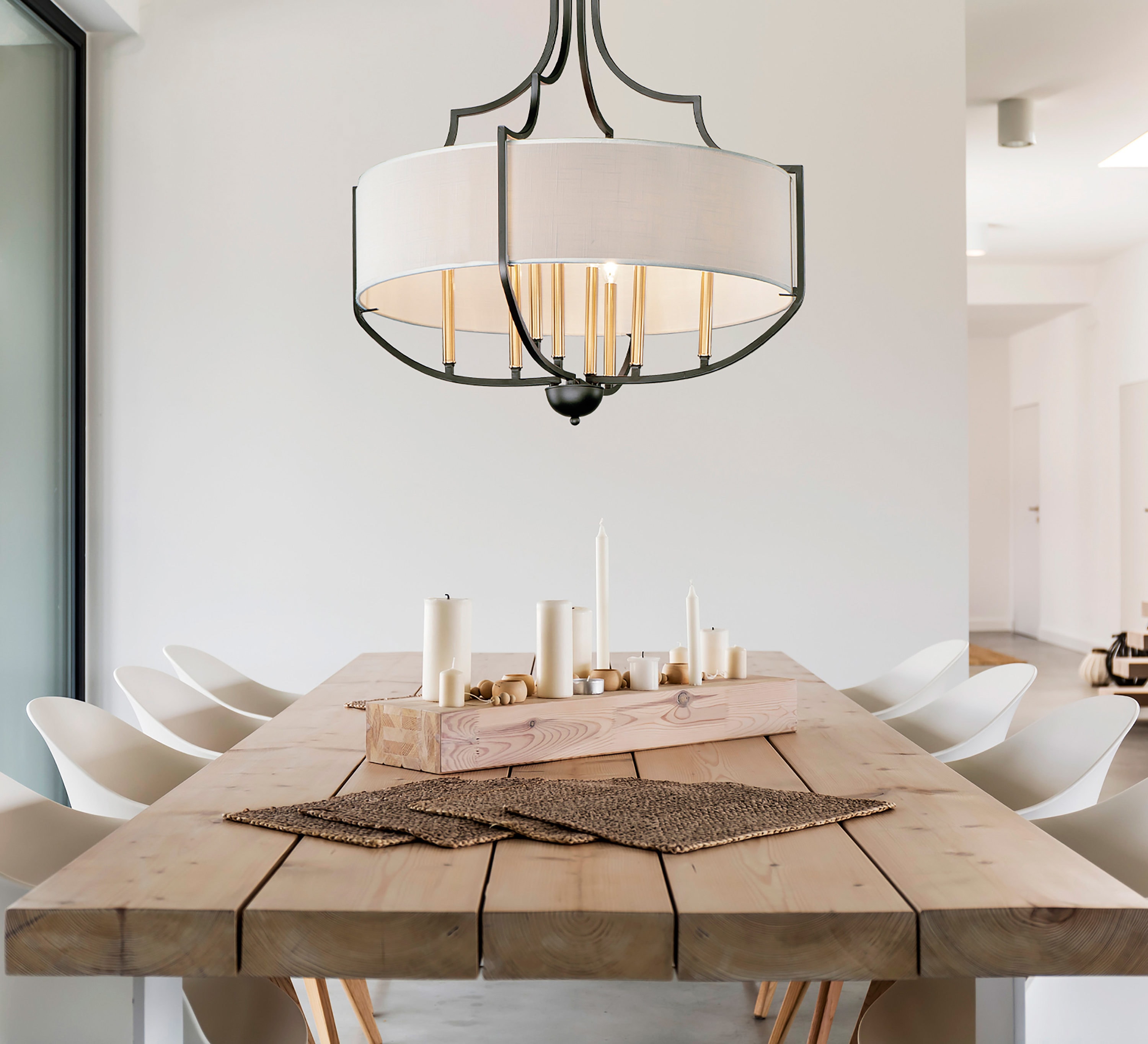 Elegant Savant 8-Light Fabric Shade Chandelier in Bronze and Antique Brass