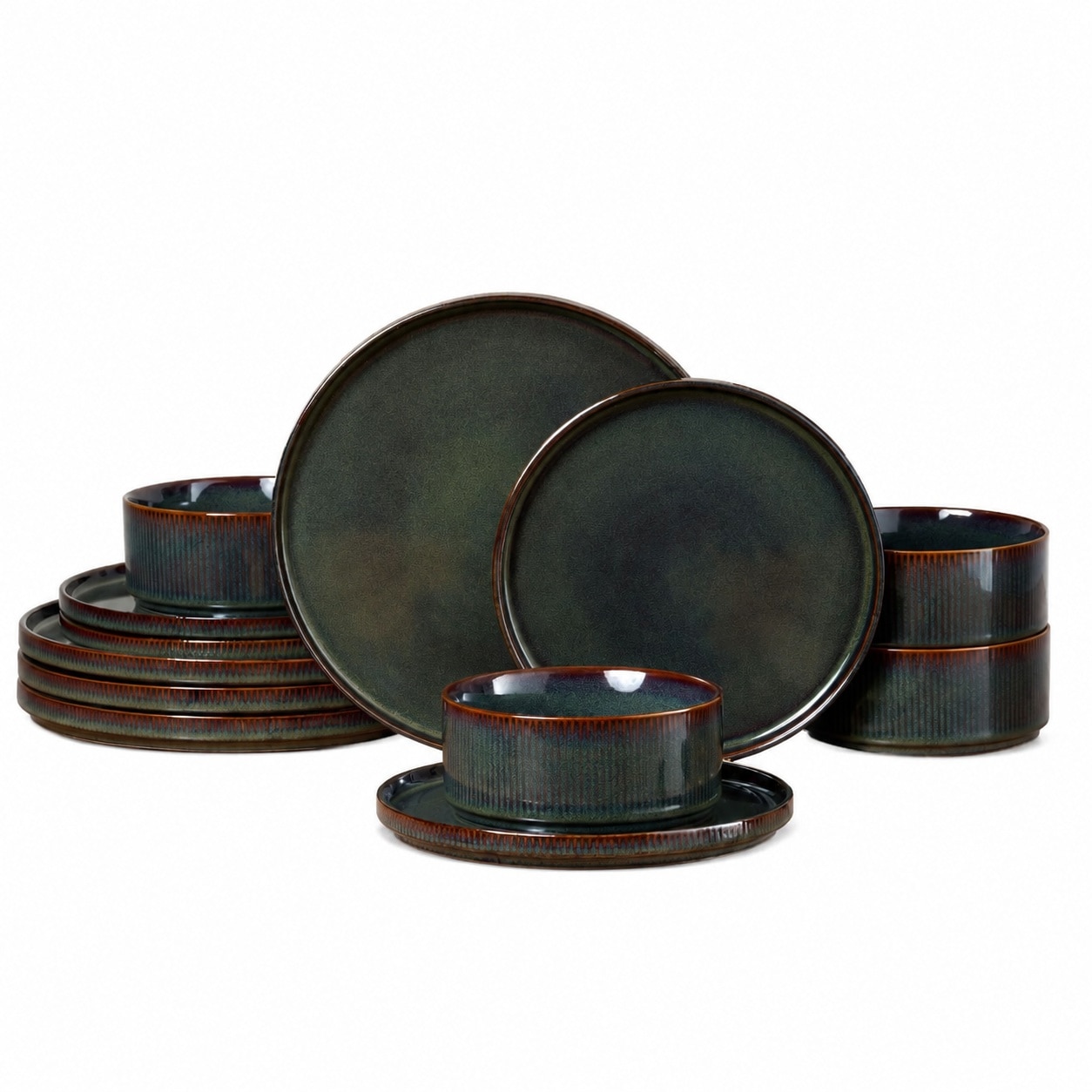 Aoibox  Stoneware Dinnerware Set for 4 12 Piece Plates and Bowls in Blackish Green Chip Resistant Finish Set