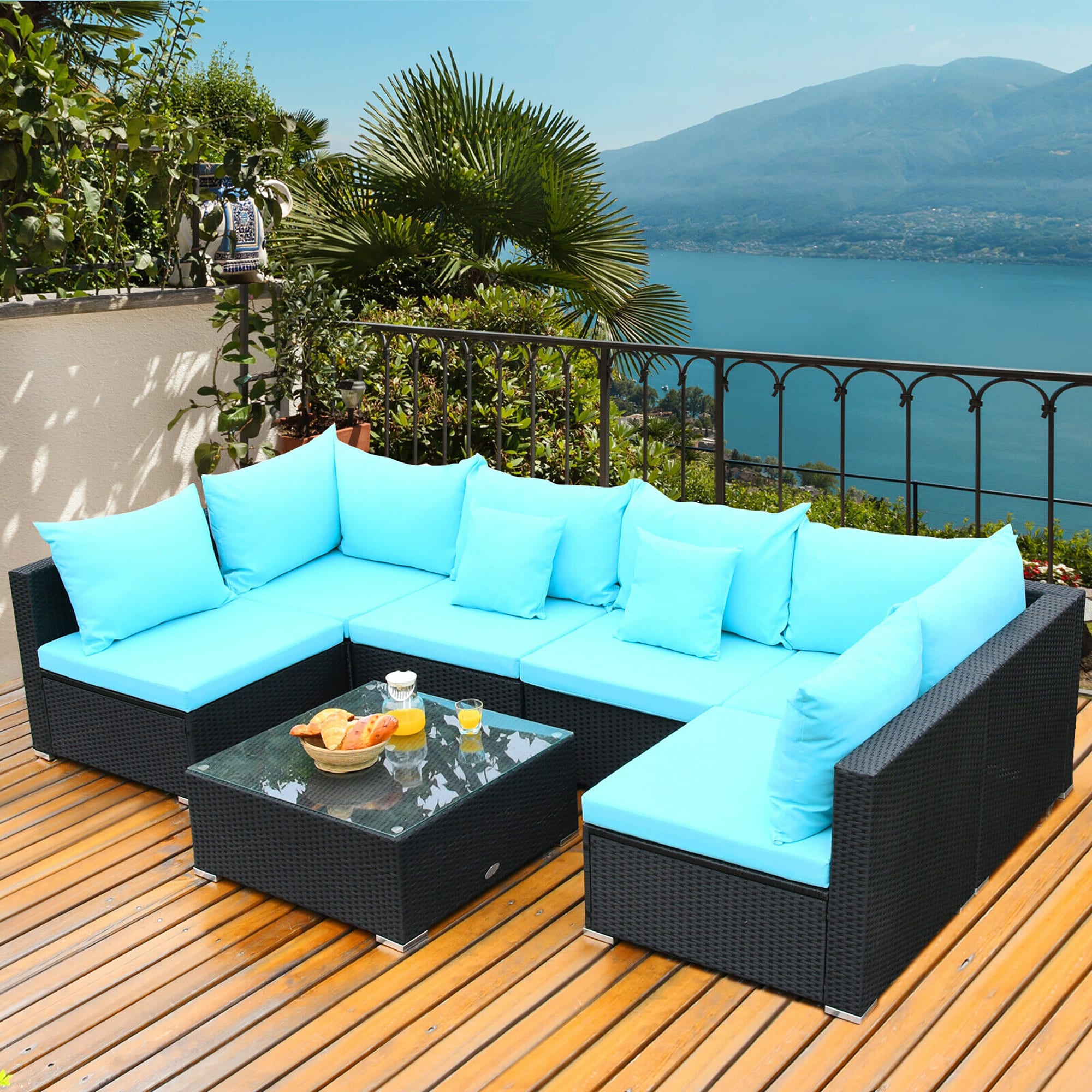 BABOOM BOM-24BT-CO Outdoor Furniture Set 7 -Piece Wicker 2 Patio Sofa Conversation Set with Blue Blue Cushions