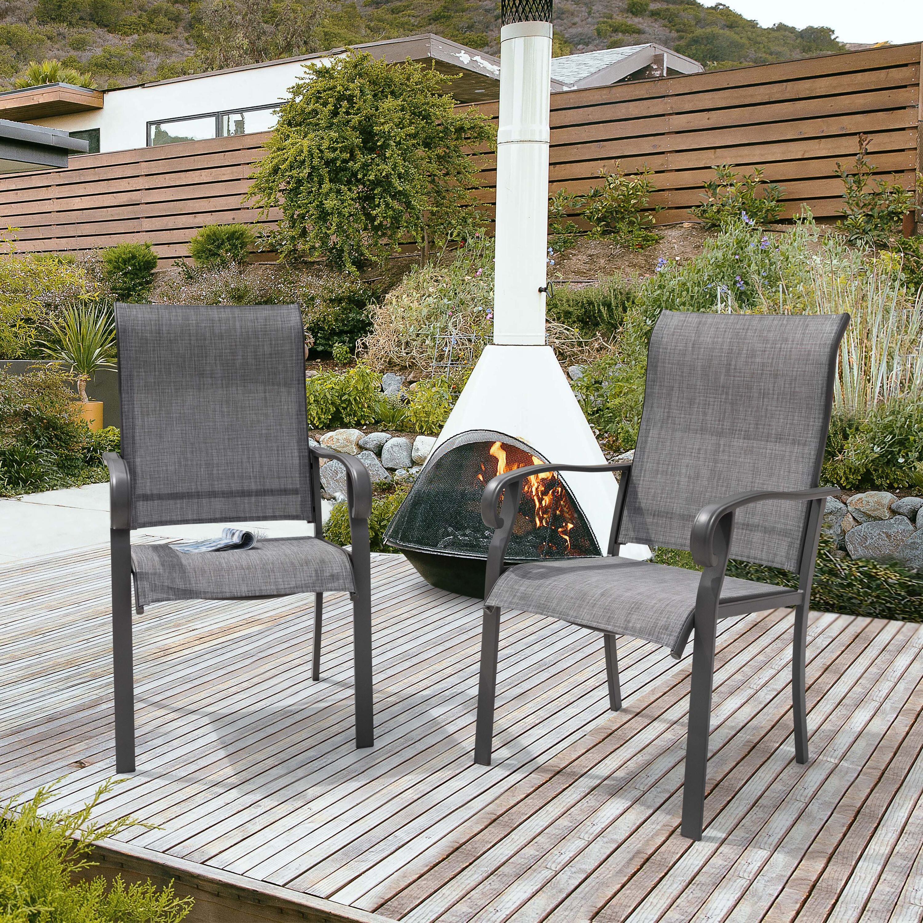Light Gray Textilene and Iron Outdoor Dining Chairs, Set of 2