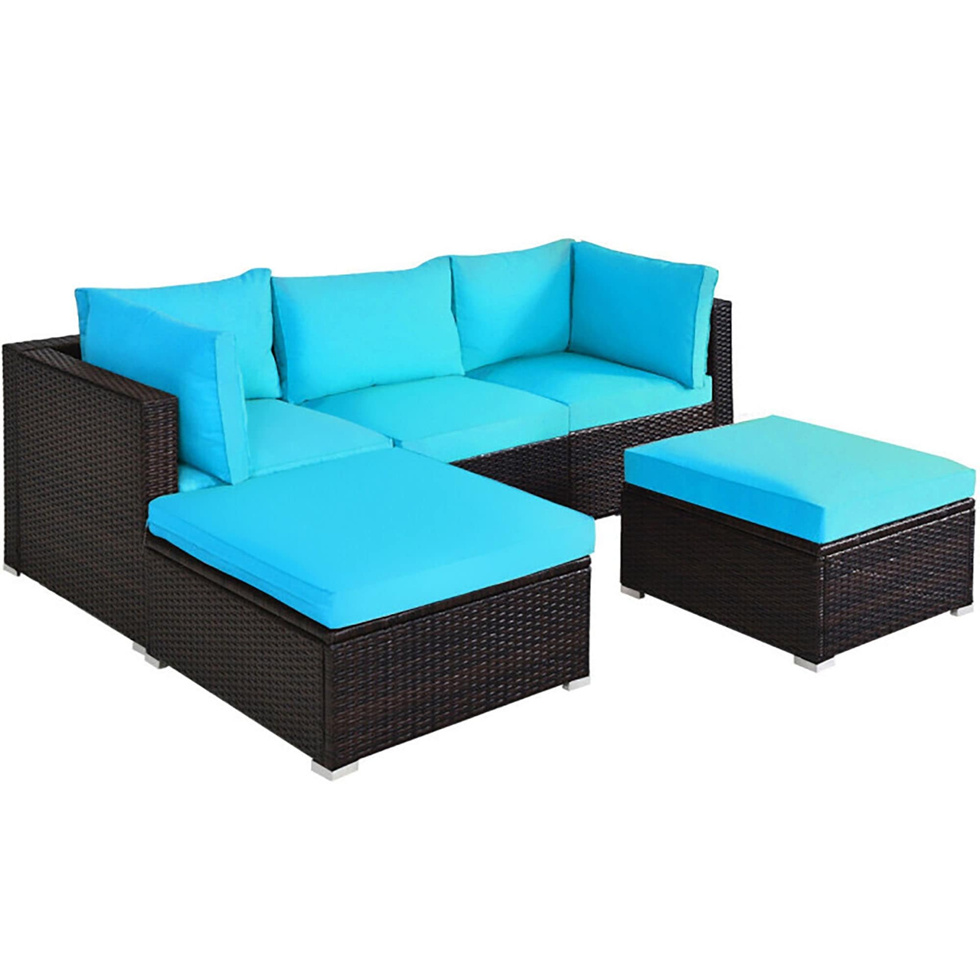 CASAINC CN-WFQ09-BLK-BL 5 -Piece Rattan 3 Patio Sofa Conversation Set with Blue Cushions