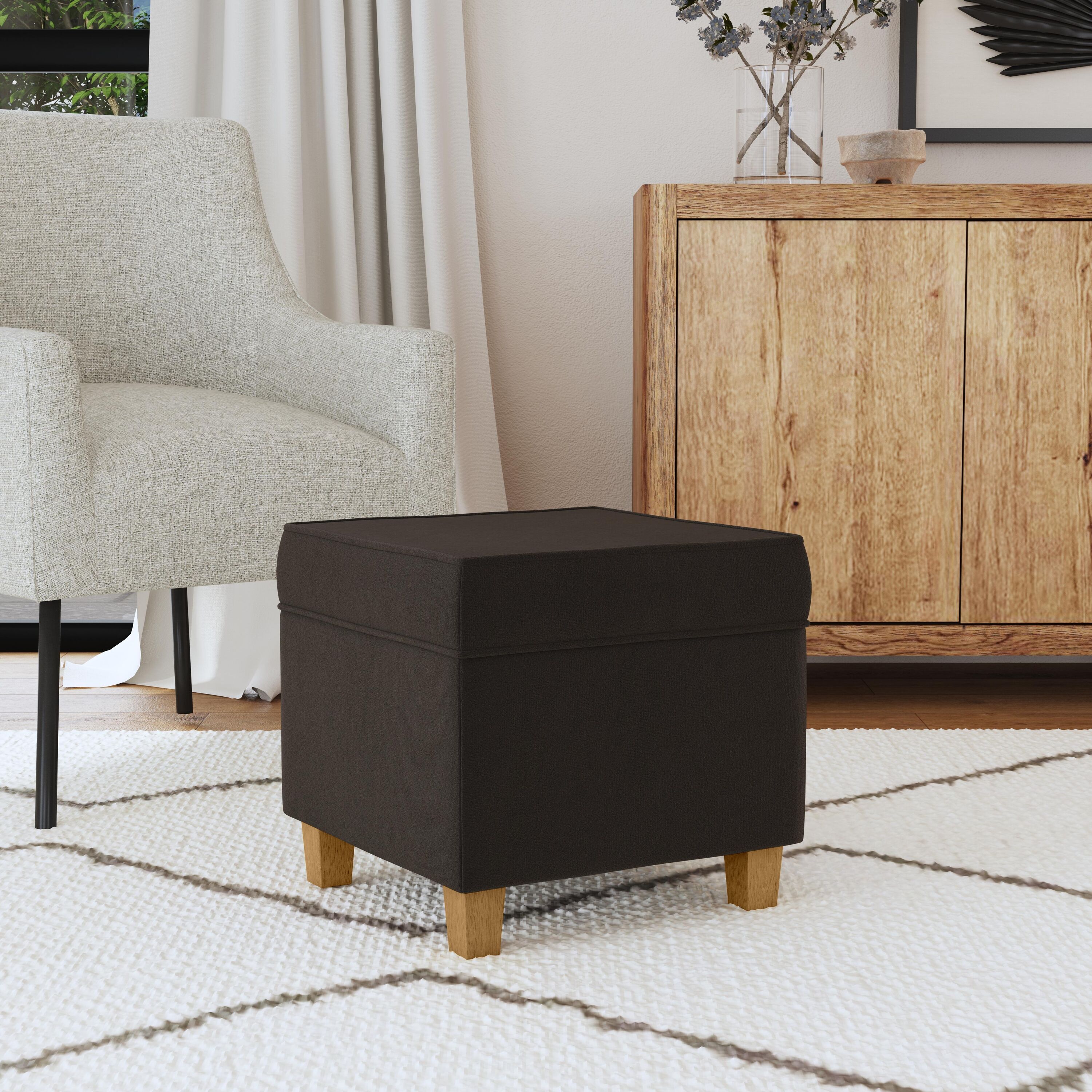 Chocolate Brown Velvet Square Storage Ottoman with Honey Oak Legs