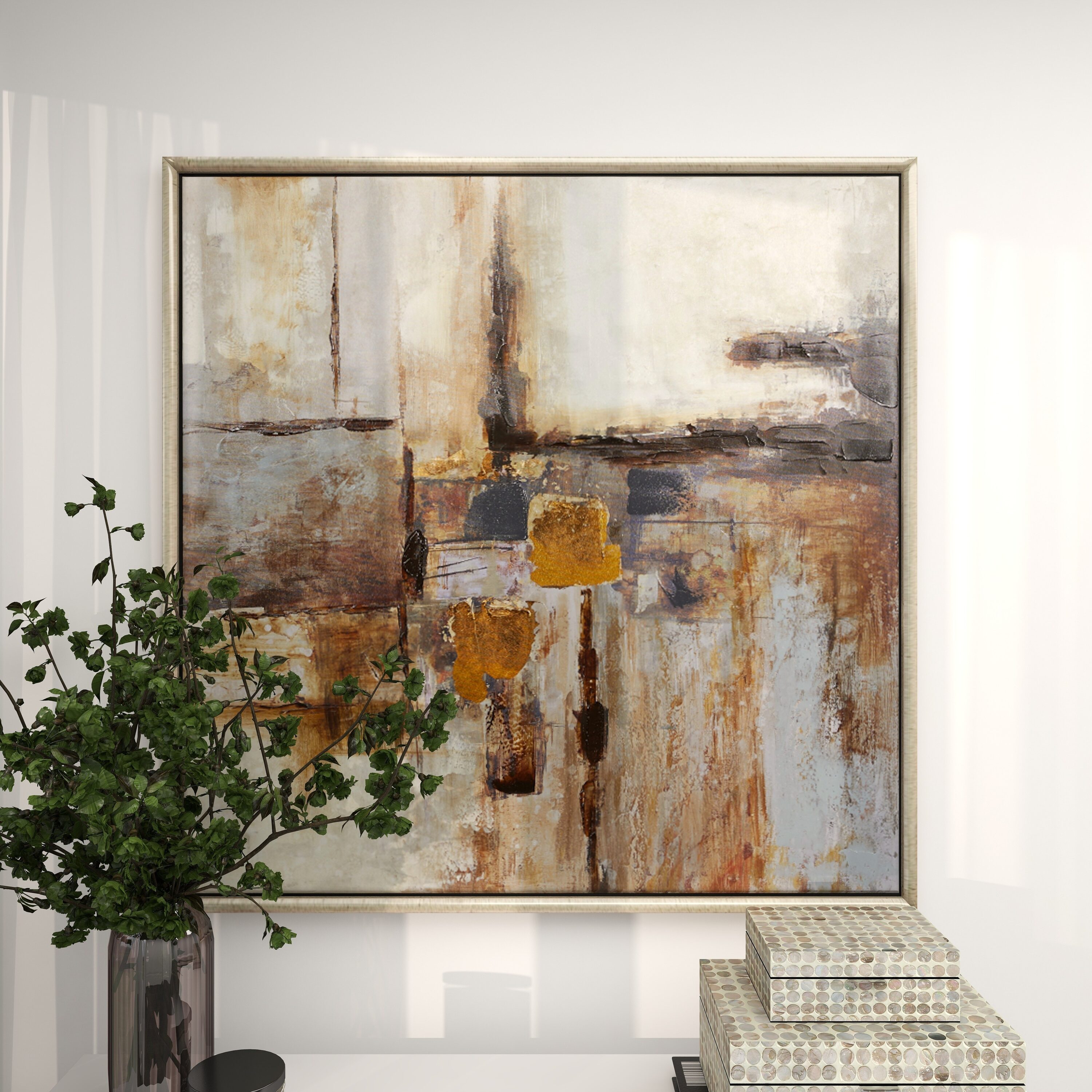 Oversized Brown and Tan Abstract Canvas Wall Art with Silver Frame