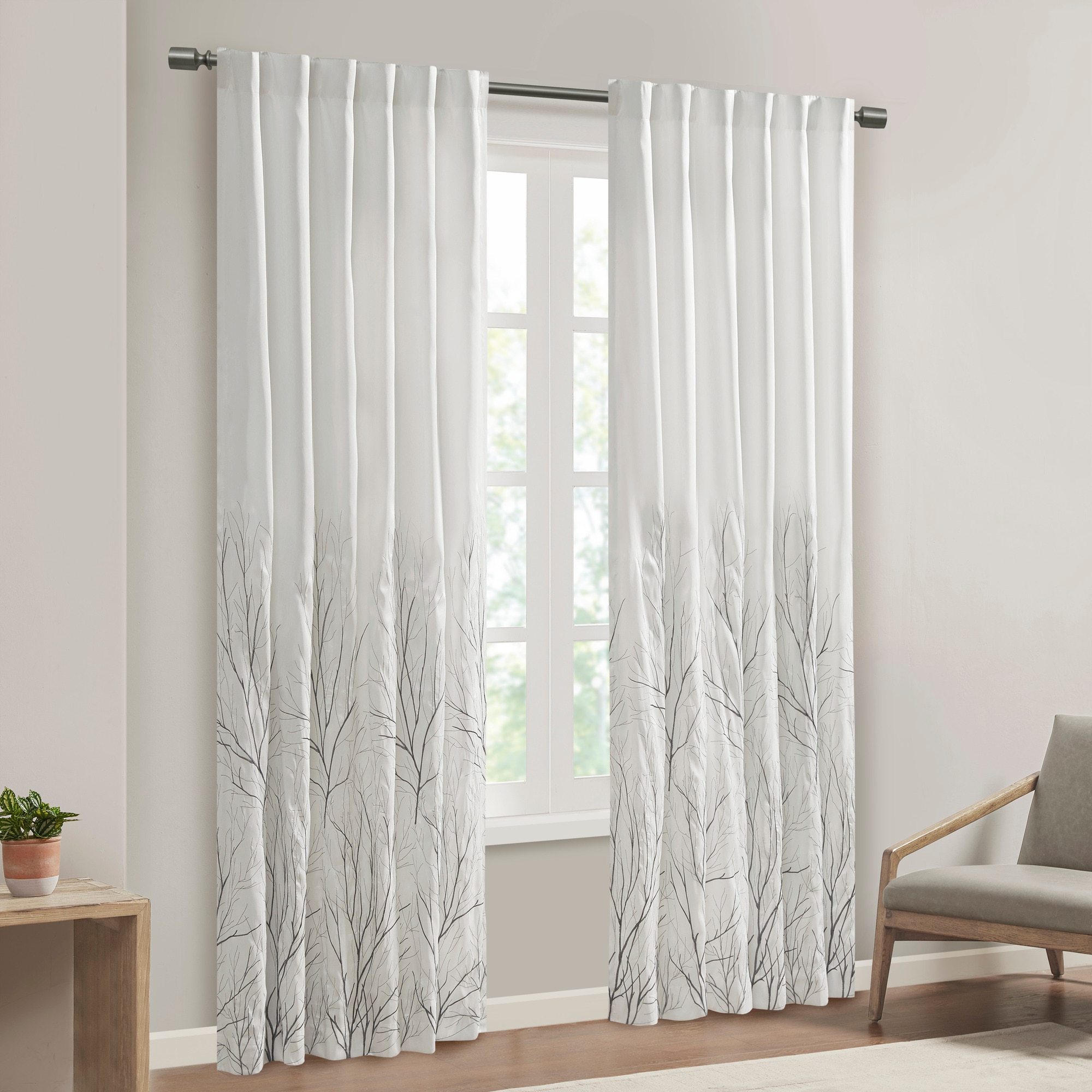 White Faux Silk Embroidered Puddle Length Curtain Panel