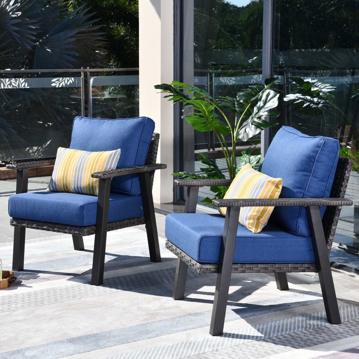 Pouuin SHW50T02A Hw Set of 2 Gray Steel Frame Stationary Conversation Chair with Navy Woven Seat