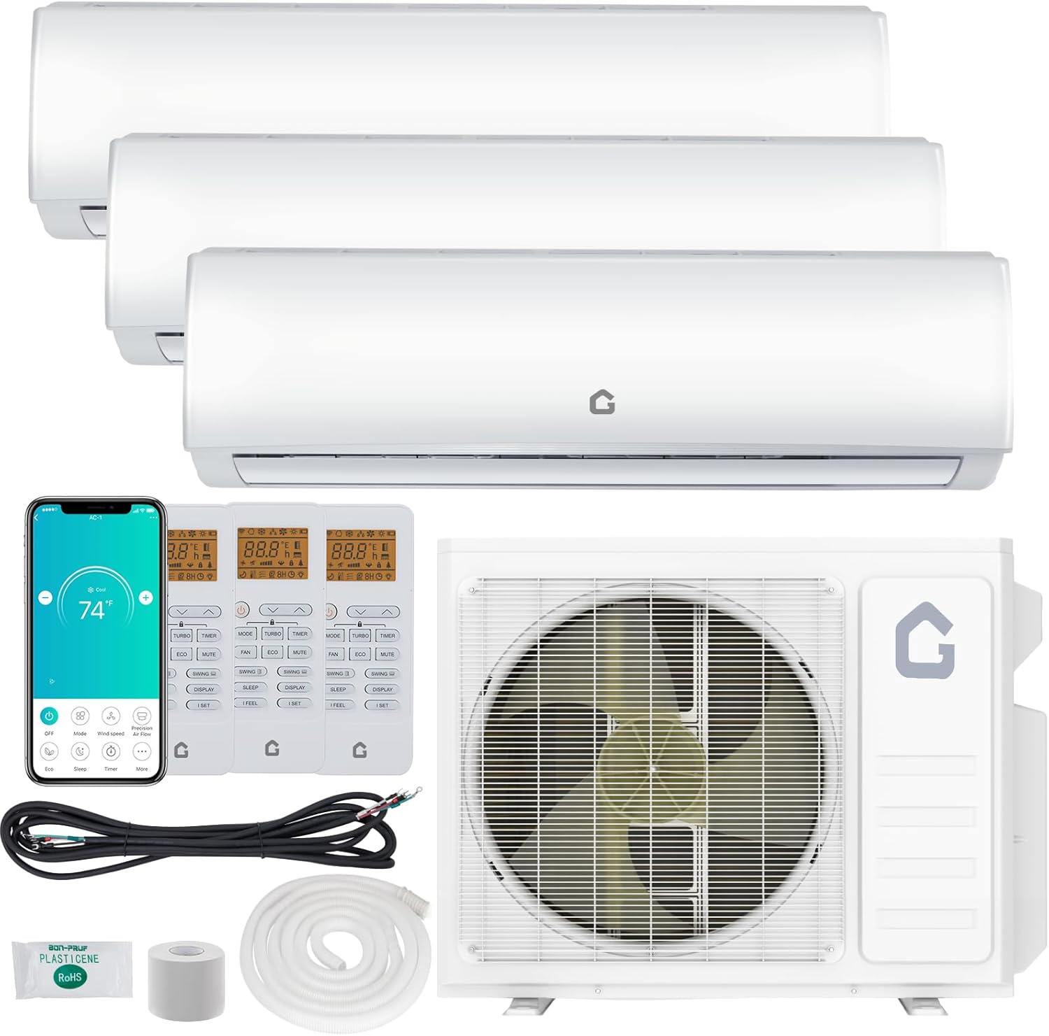 GarveeLife New Launch Special Price-28000 BTU Tri Zone WIFI Mini Split AC Heating System 20 SEER2 3 Zone 12K+12K+12K BTU Ductless Split Air Conditioner Pre-Charged Condenser Heat Pump No Copper Tube Line Set Included