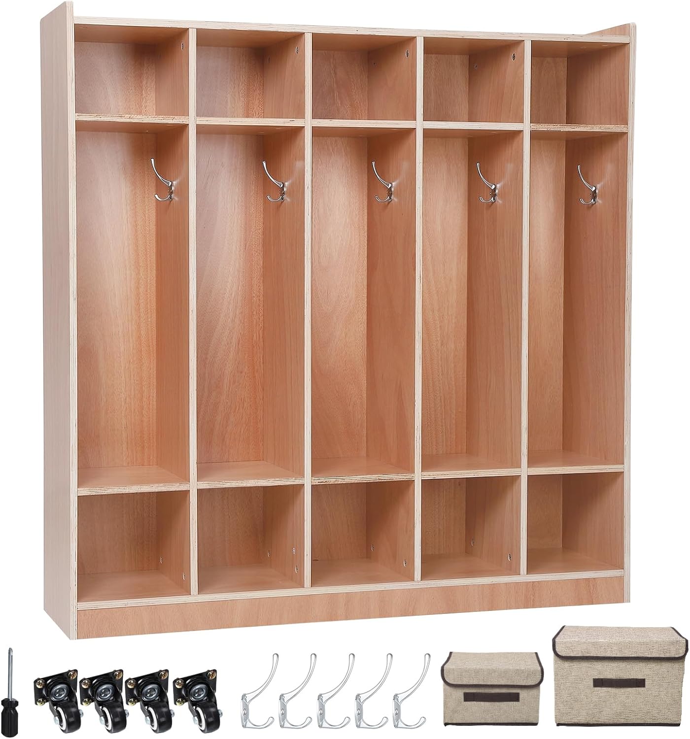 Garvee Finished 5-Section Kids Coat Locker Smooth Wood Surface with 10 Classroom Cubbies 2 Anti-tip Kits 4 Casters 2 Storage Boxes for Kindergarten Daycare or Home Use