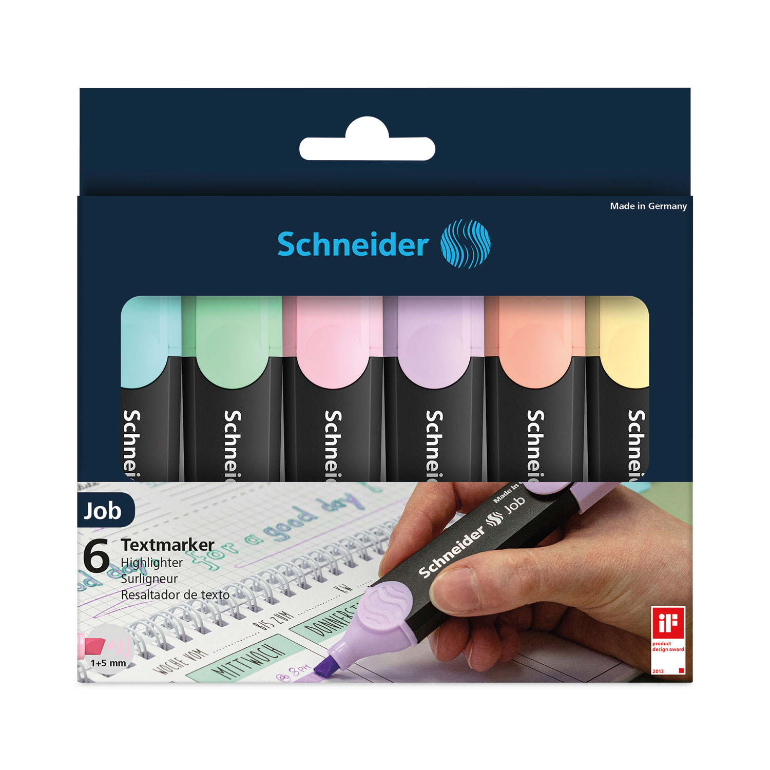 Schneider ESNRED115097 Job Pastel Highlighters Chisel Tip 1mm 5mm Assorted Ink Colors Black Assorted Barrel Colors 6 Pack