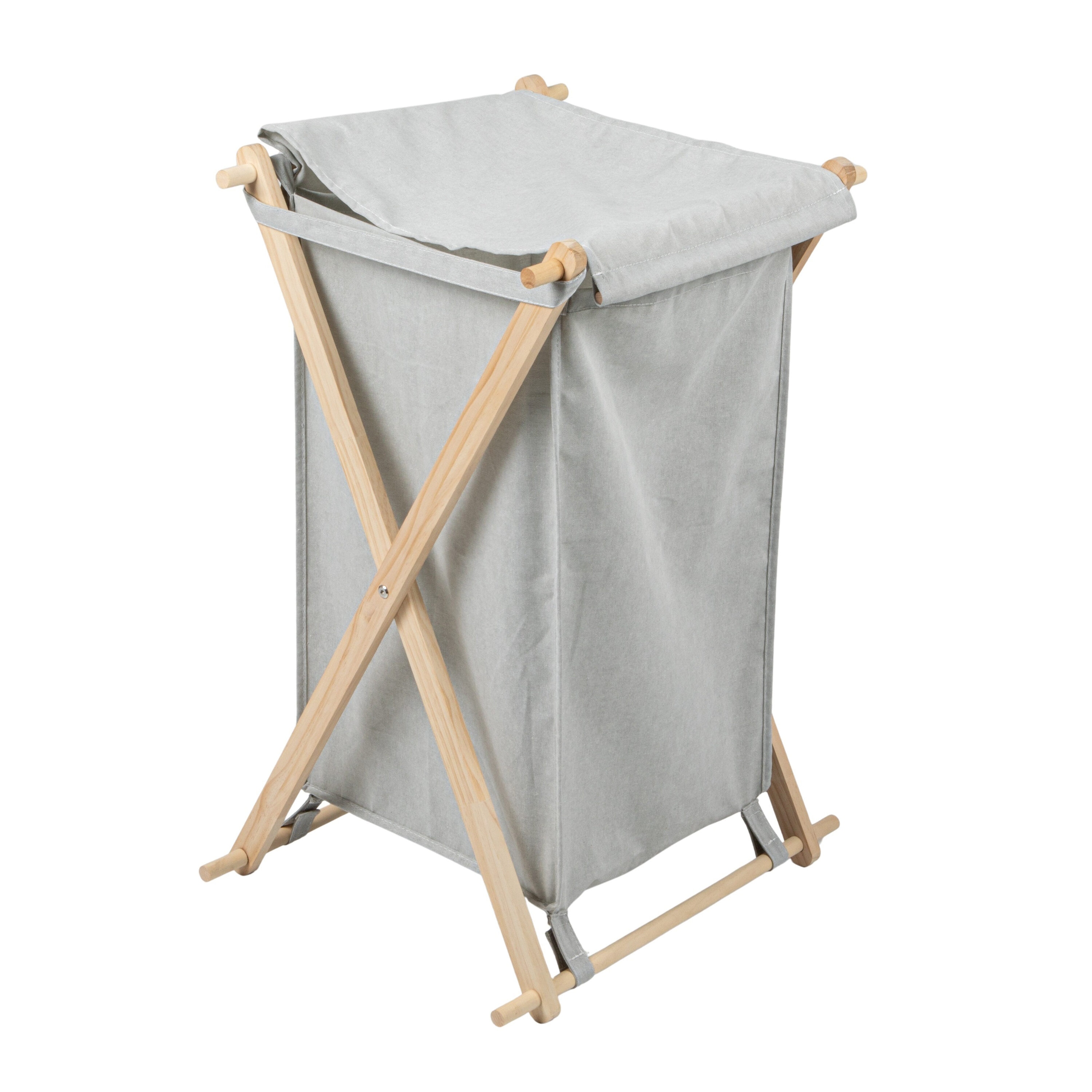 Household Essentials X-Frame Wood Laundry Hamper Folding Wood Frame with Washable Gray Poly-Cotton Bag