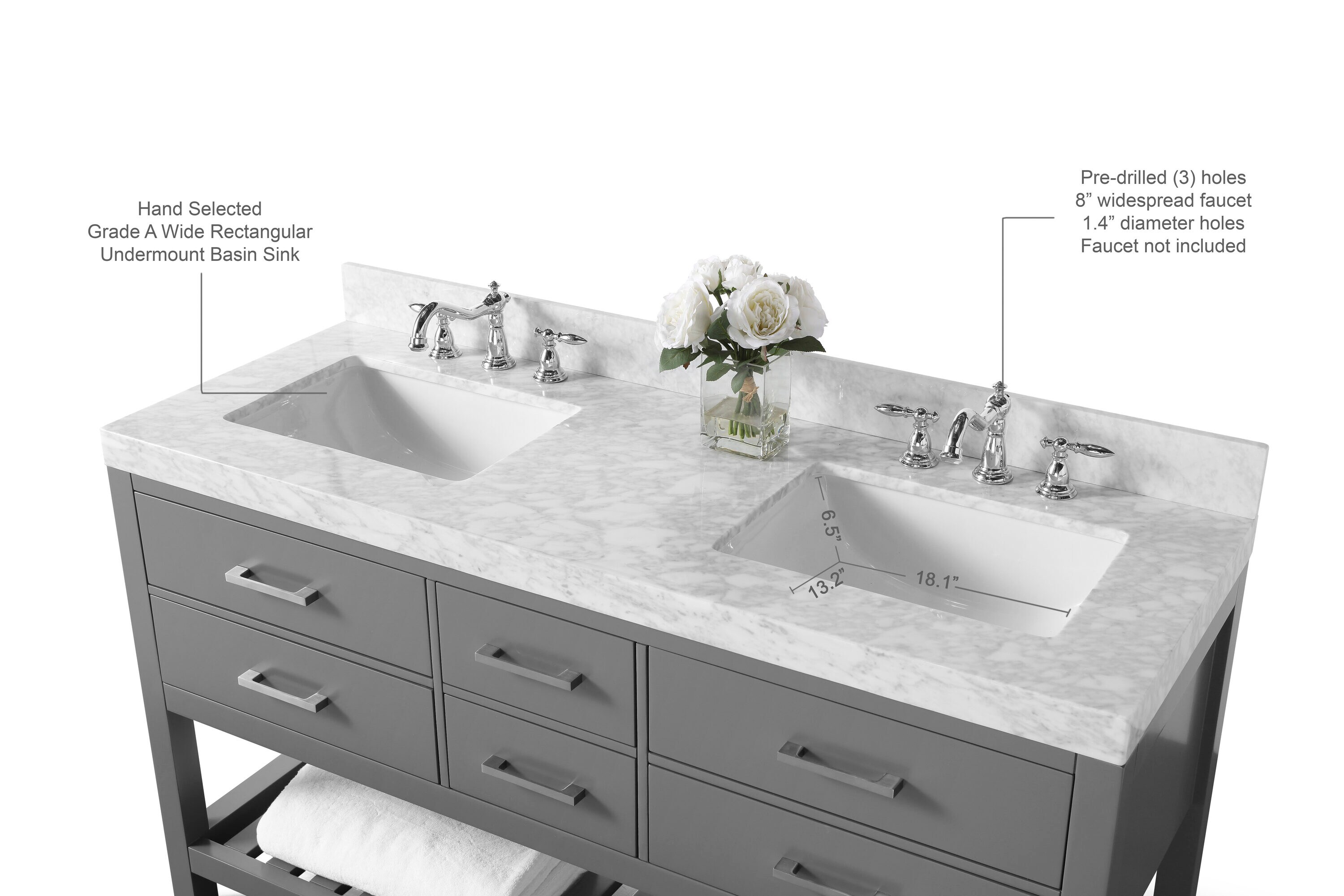 Elizabeth 60'' Sapphire Gray Double Vanity with Carrara Marble Top