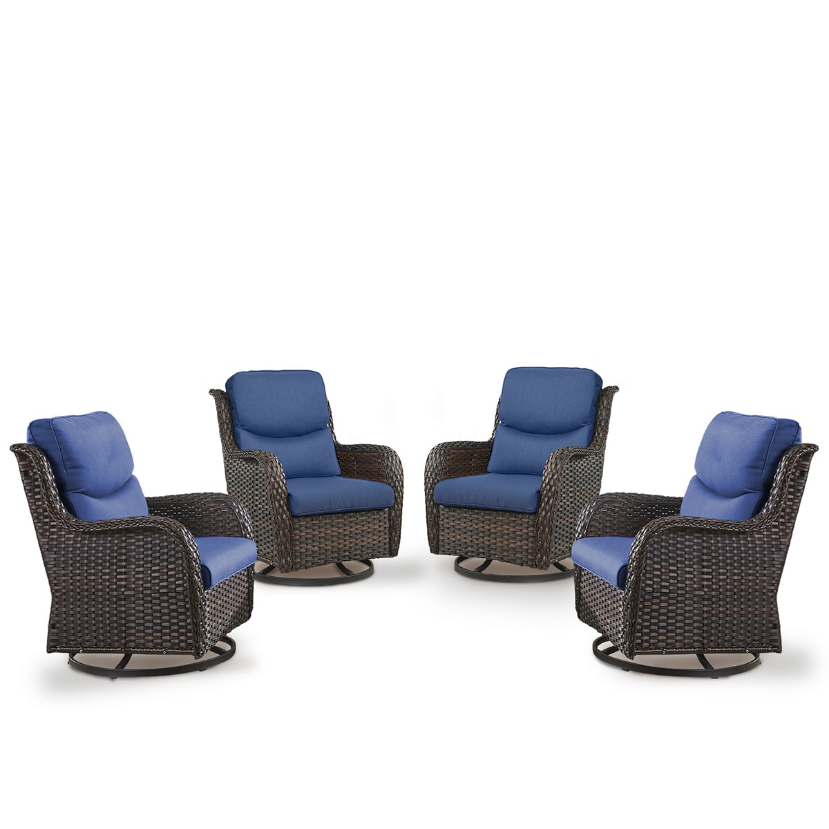 Rilyson FS023XLX2-1 Smiley Set of 4 Wicker Brown Wicker Frame Swivel glider Conversation Chair with Brown Blue Cushioned Seat