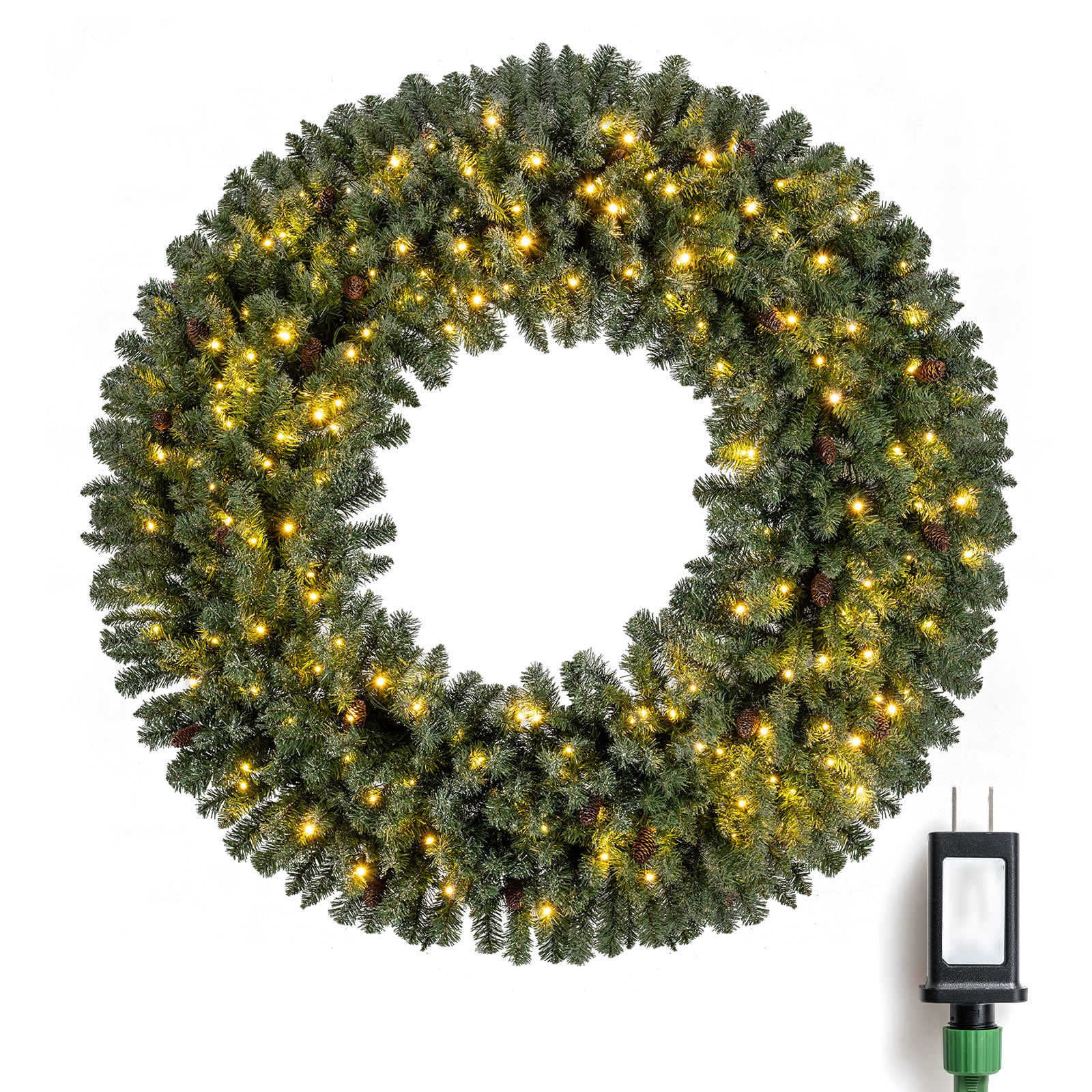 Slickblue 60 Inch Flocked Pre Lit Green Artificial Christmas Wreath with 200 LED Lights Pine Cones for Front Door or Mantel
