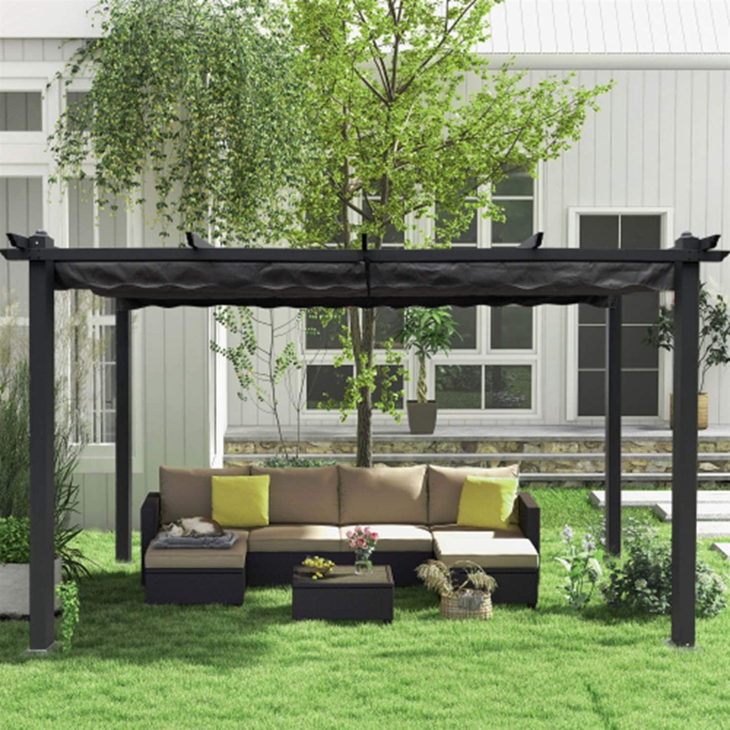 Runesay PERGO-05 Retractable Pergola 10-ft W x 13-ft L x 7-ft 3-in H Gray Metal Attached Pergola with Canopy