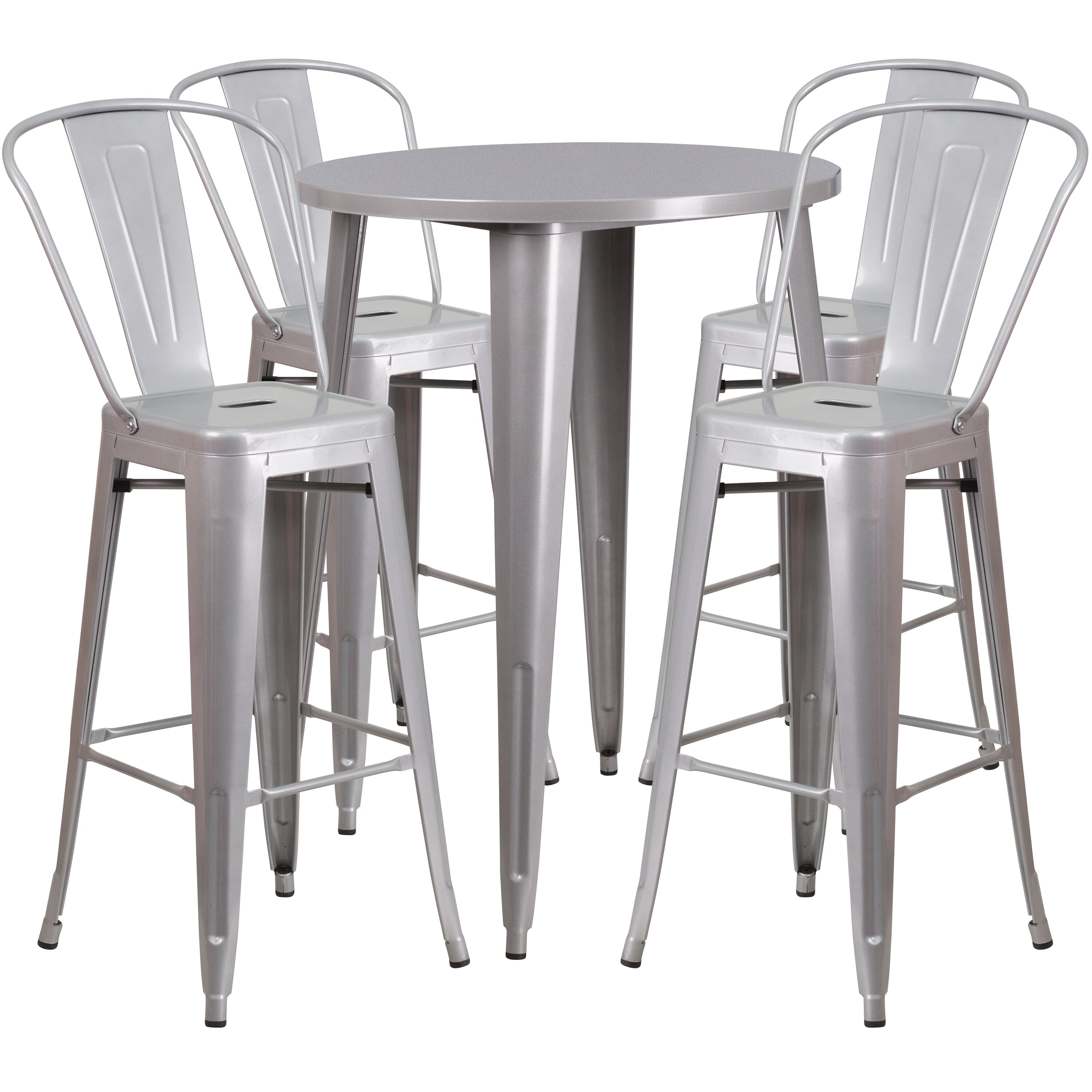 Flash Furniture 889142082385 Callum Commercial Grade 30-in Round Silver Metal Indoor-Outdoor Bar Table Set with 4 Cafe Stools