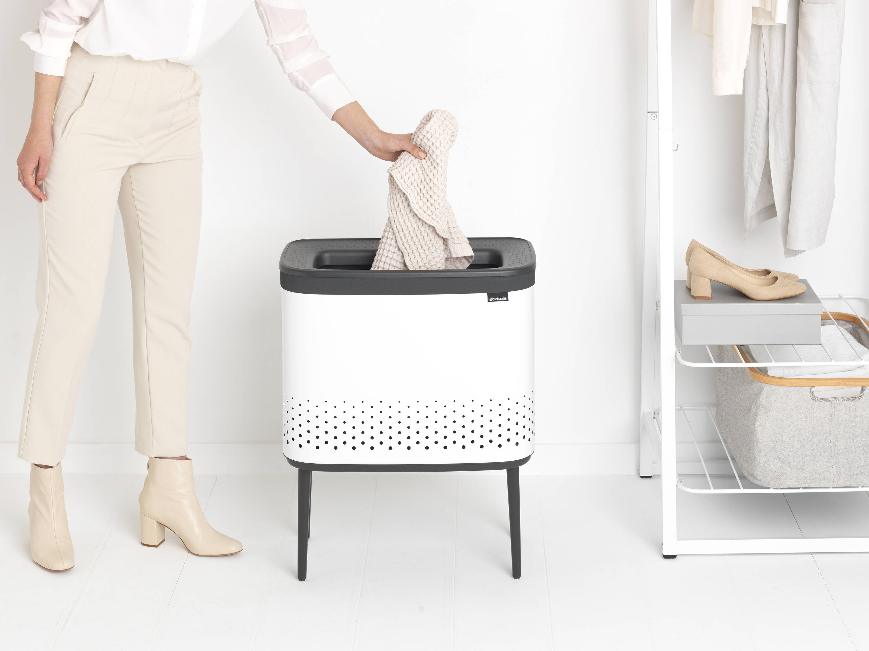 White Upright Laundry Hamper with Lid and Ventilation