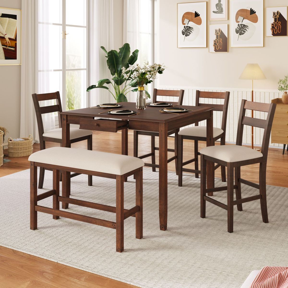 JASMODER SP000001AAD Wood 6-Piece Dining Table Set With Storage Drawer, Counter Height Square Kitchen Set With Upholstered Chair And Bench, Walnut