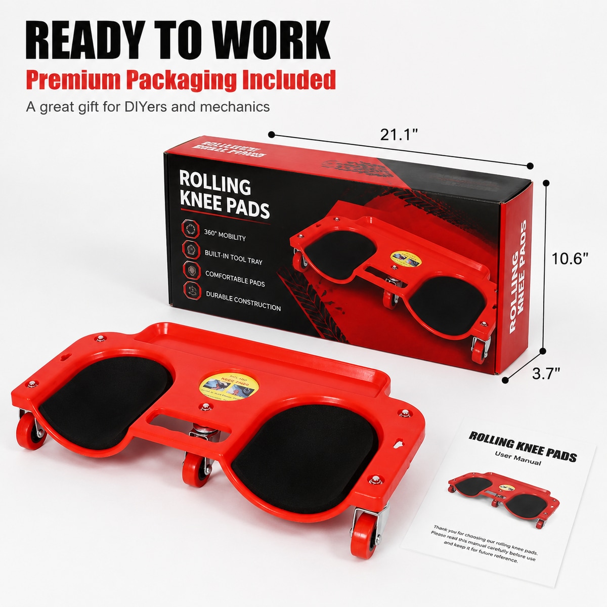 Loheer 19.8-in Red Rolling Knee Creeper with 360-Degree Casters and Built-In Tool Tray for Garage Workshop #W465P365226