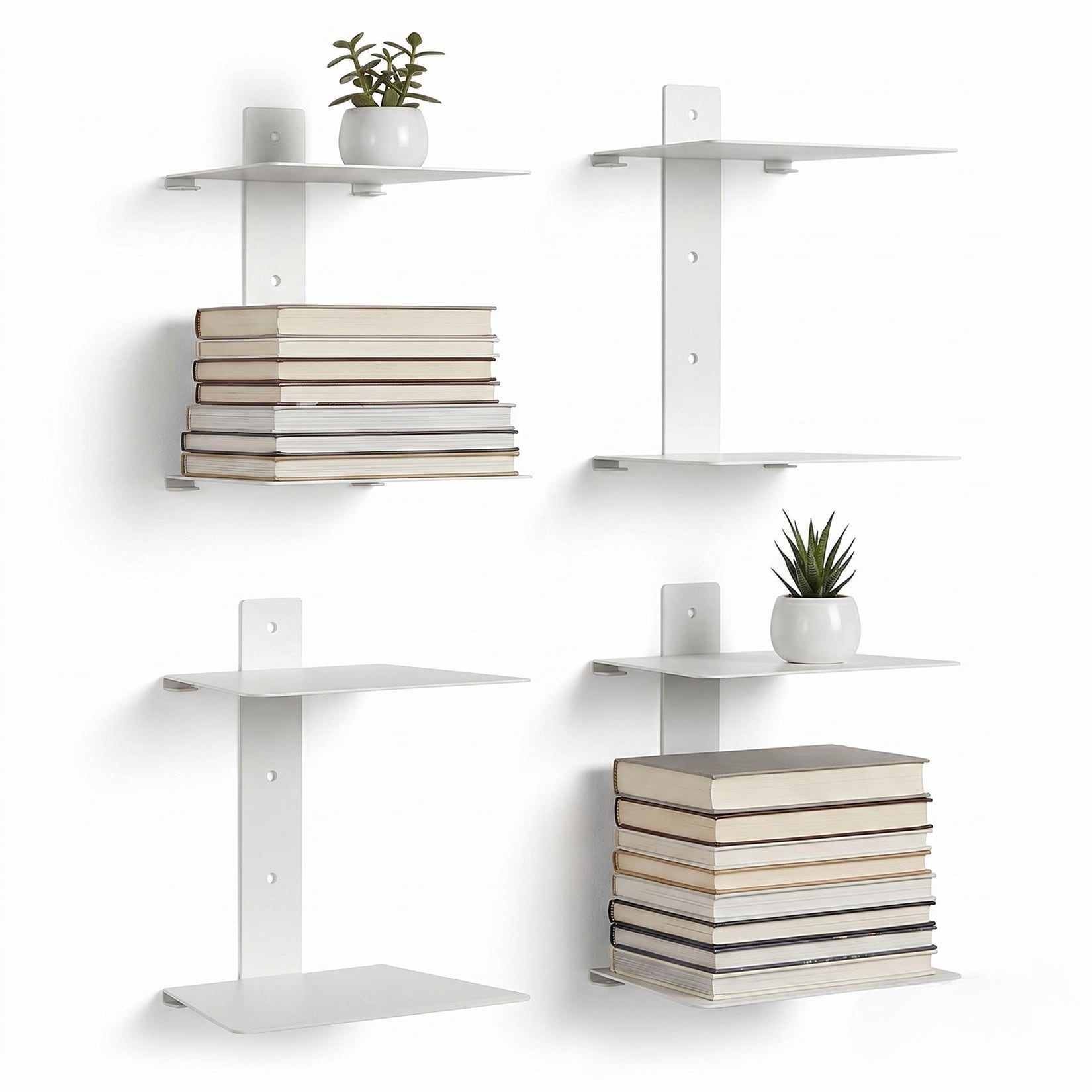 Aoile White Metal Floating Wall Shelves 4 Pack Minimalist Two Tier Wall Mount Display Shelves For Bedroom Bathroom Living Room