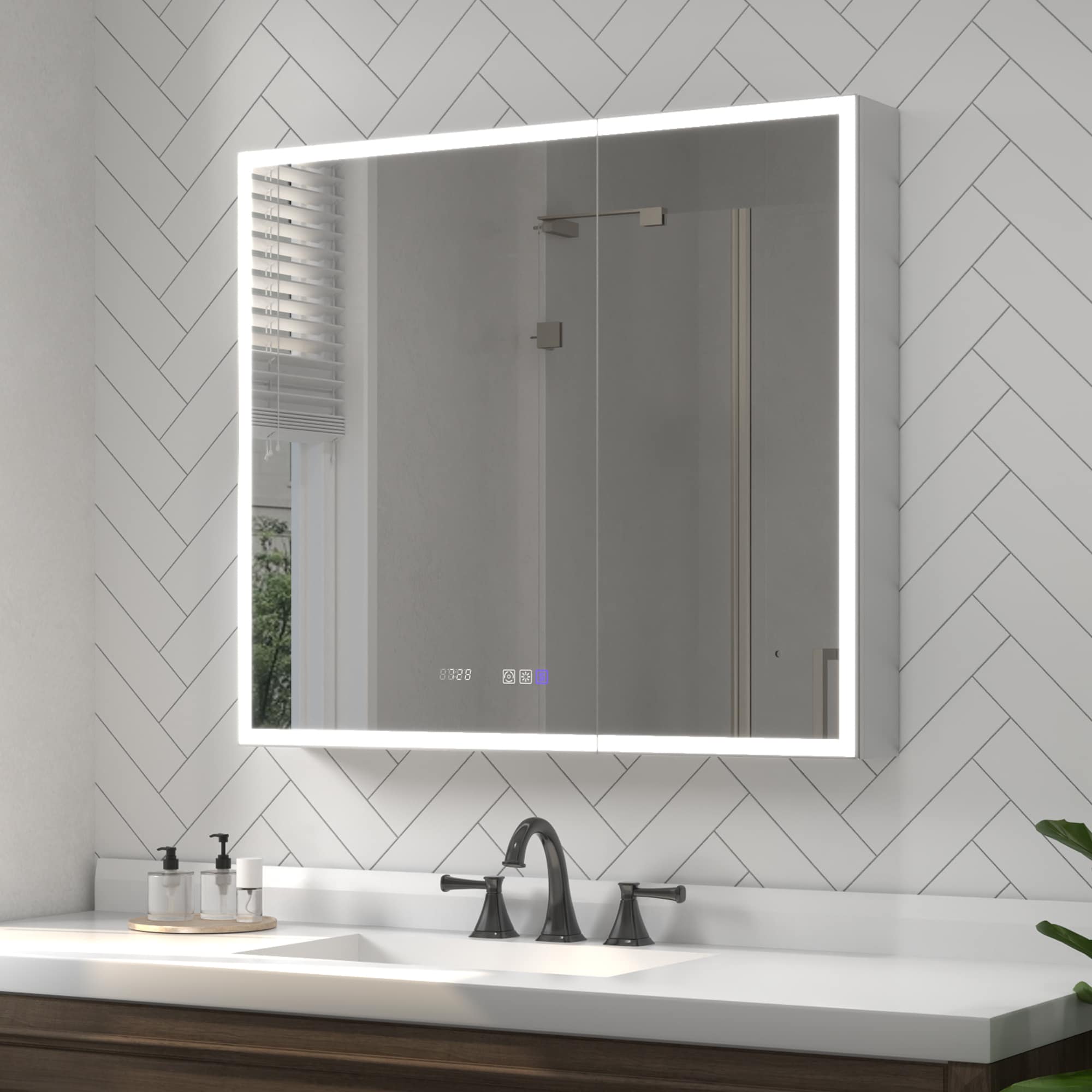 ES-DIY Lighted Medicine Cabinet 36-in x 32-in Lighted LED Fog Free Surface/Recessed Mount Manufacturer Color/Finish Mirrored Rectangle Soft Close Medicine Cabinet with Outlet