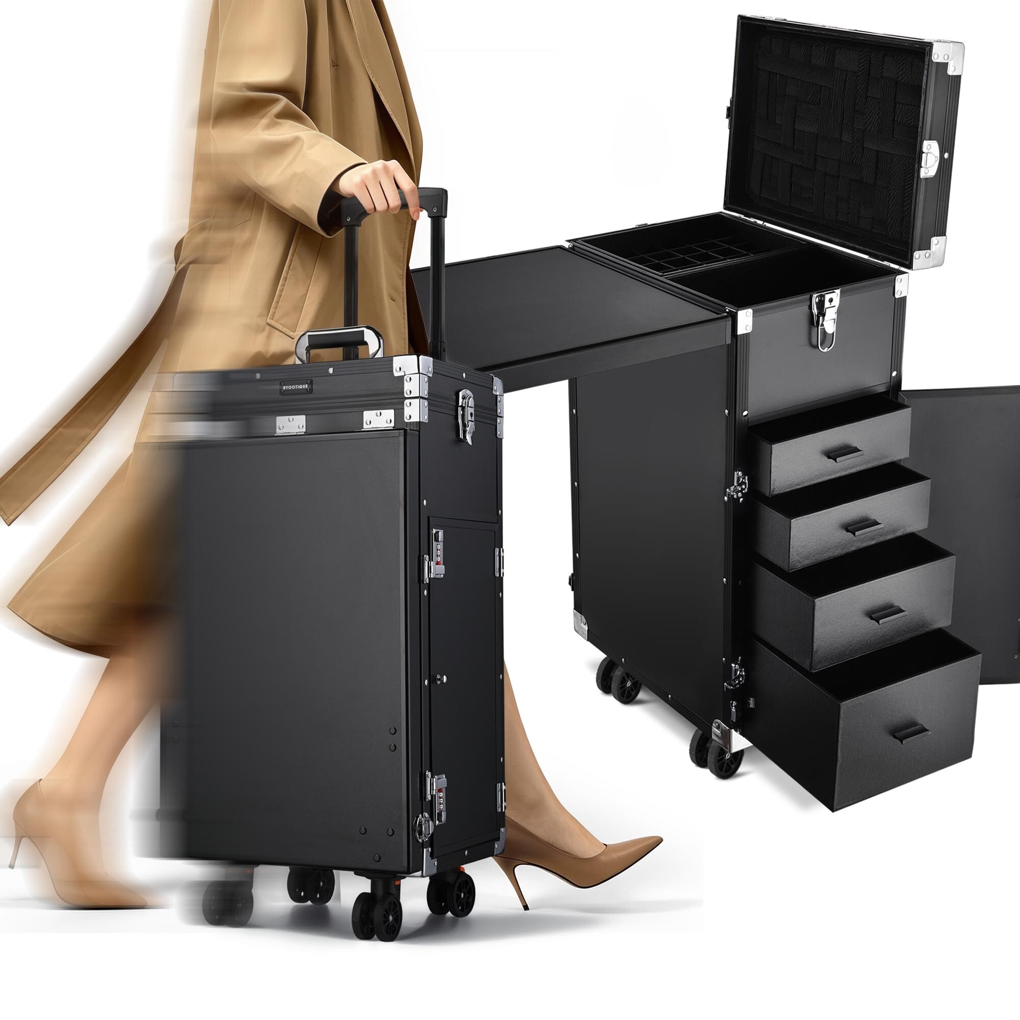 Yescom Byootique Portable Manicure Table Desk for Nail Tech Organizer Rolling Makeup Case with Wheels and Telescopic Handle for Manicurist Technician Black