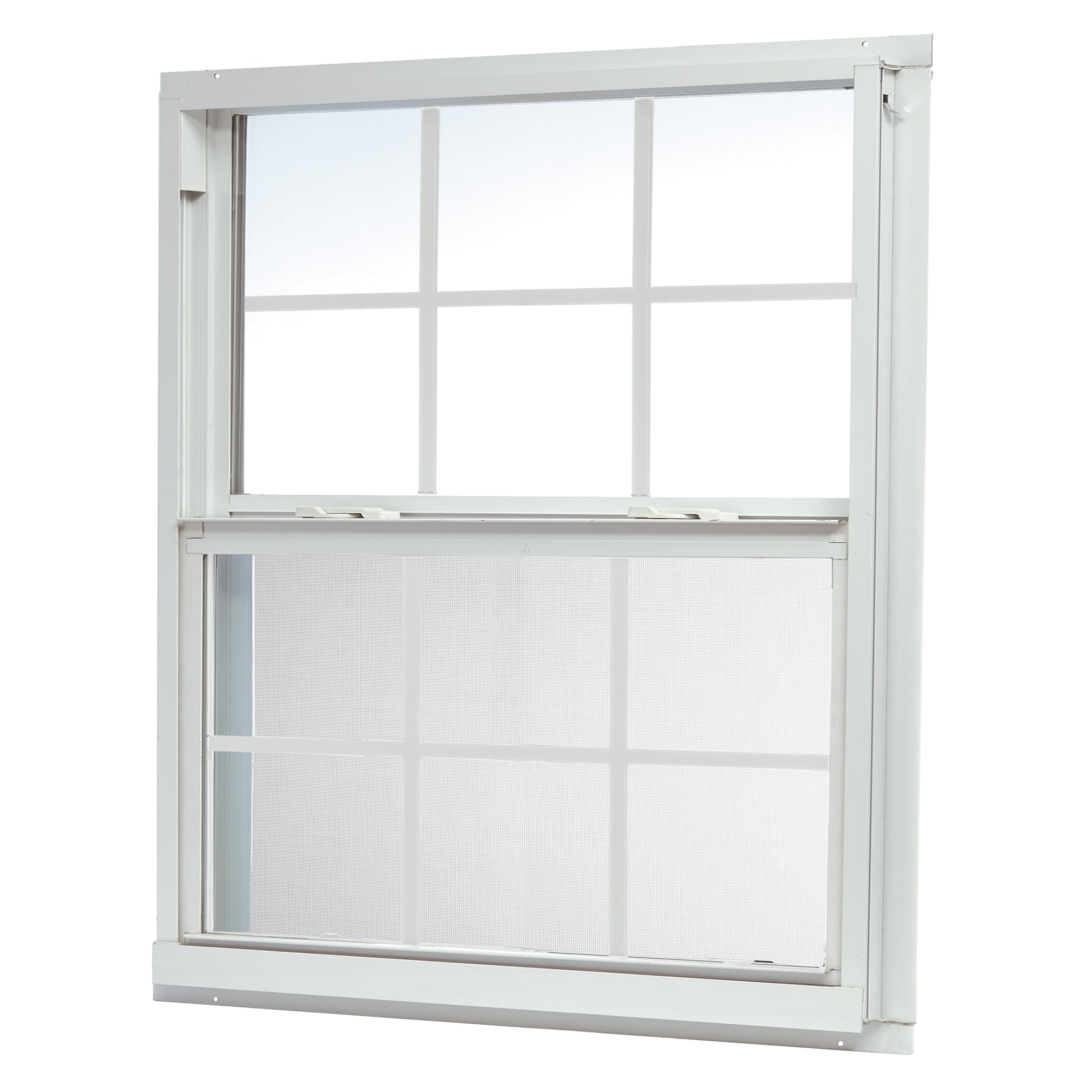 RELIABILT ASHW3636GRB 46000 Series 35-1/2-in x 35-1/2-in White Exterior Aluminum New construction Single Hung Window Low-E Double Pane Glass with Grids, (Half Screen Included)