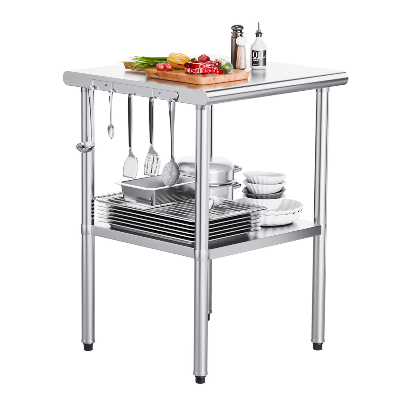 ROVSUN 24D x 24W x 34H Stainless Steel Table with Adjustable UnderShelf for Kitchen Restaurant Home and Hotel