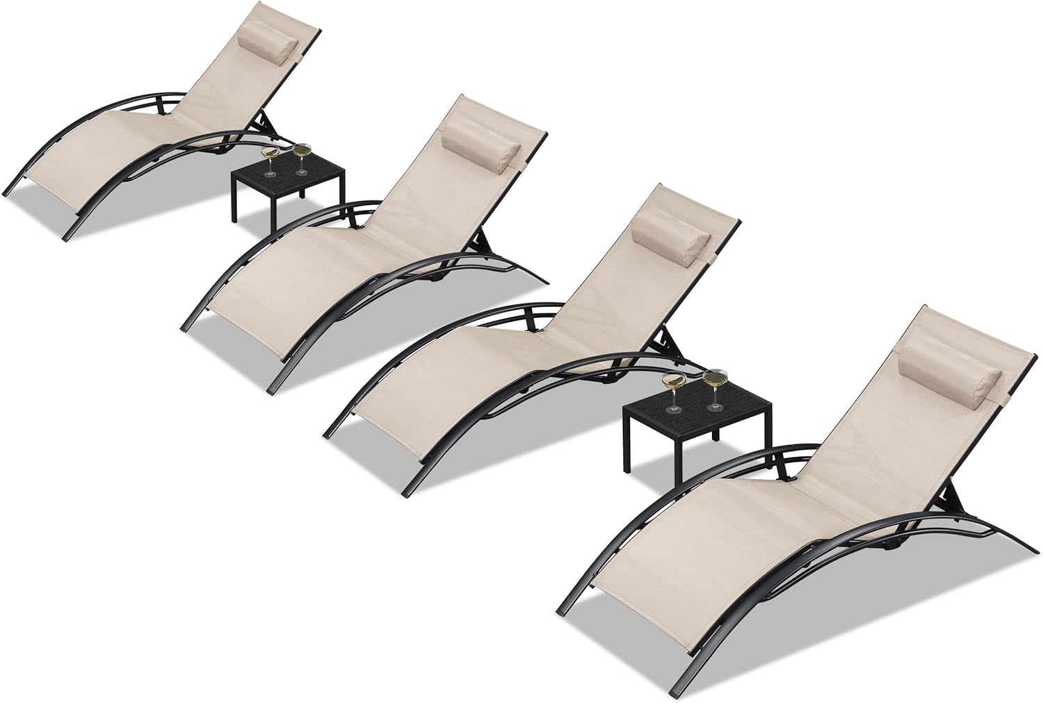 PURPLE LEAF LSMCLS01-KK-4PC Streamlined Stackable Adjustable Chaise lounge With Table Set of 4 Stackable Standard Aluminum Frame Stationary Chaise Lounge Chair with Beige Cushioned Seat