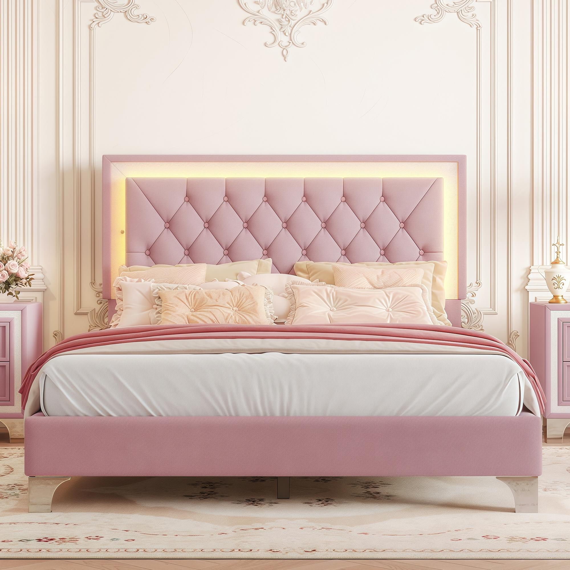 ModernLuxe N733P183655H Full Size Upholstered Bed Frame with LED LightsModern Velvet Platform Bed with Tufted HeadboardPink