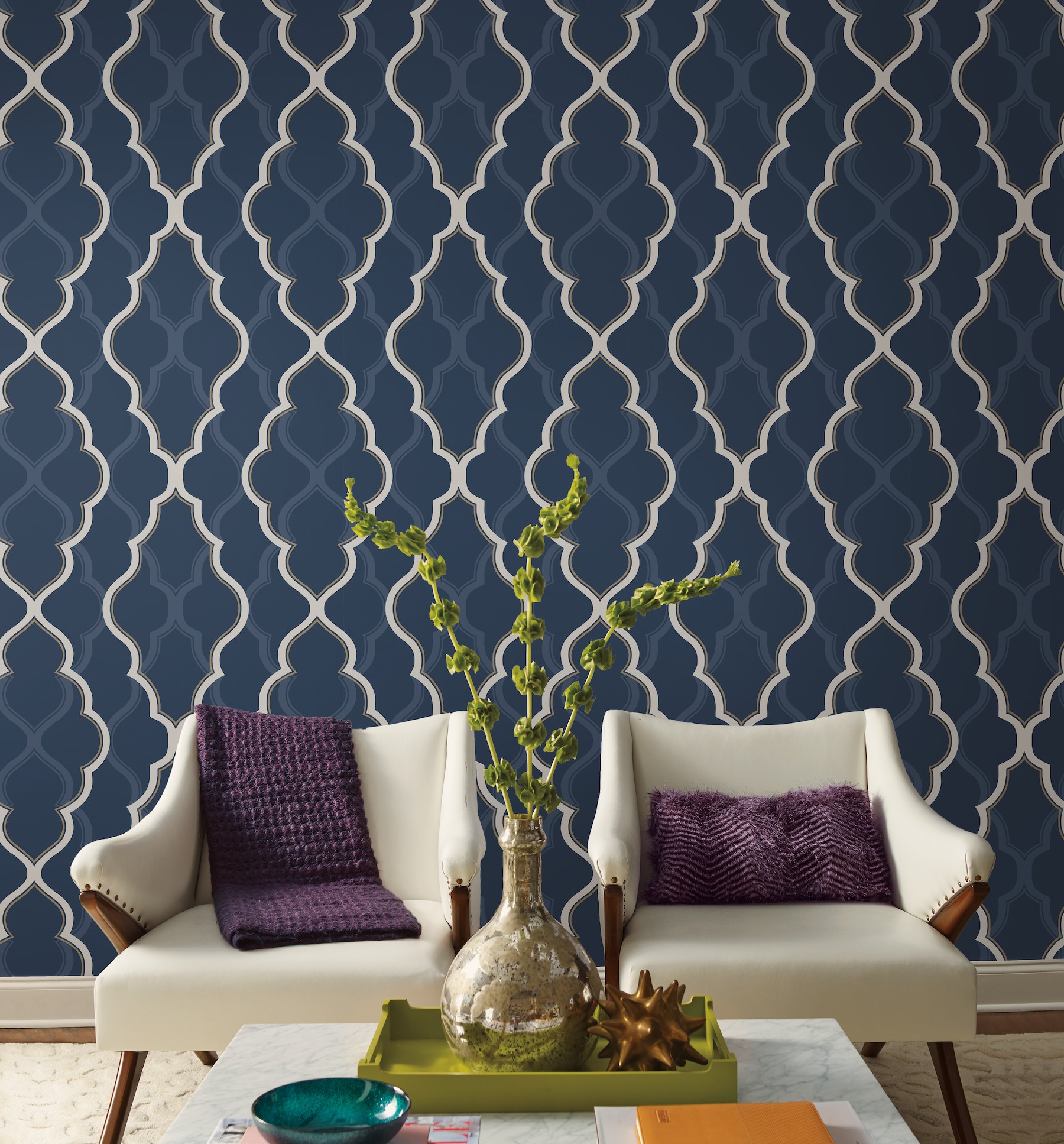 York Wallcoverings Dark Blue Double Damask Wallpaper in the Wallpaper ...