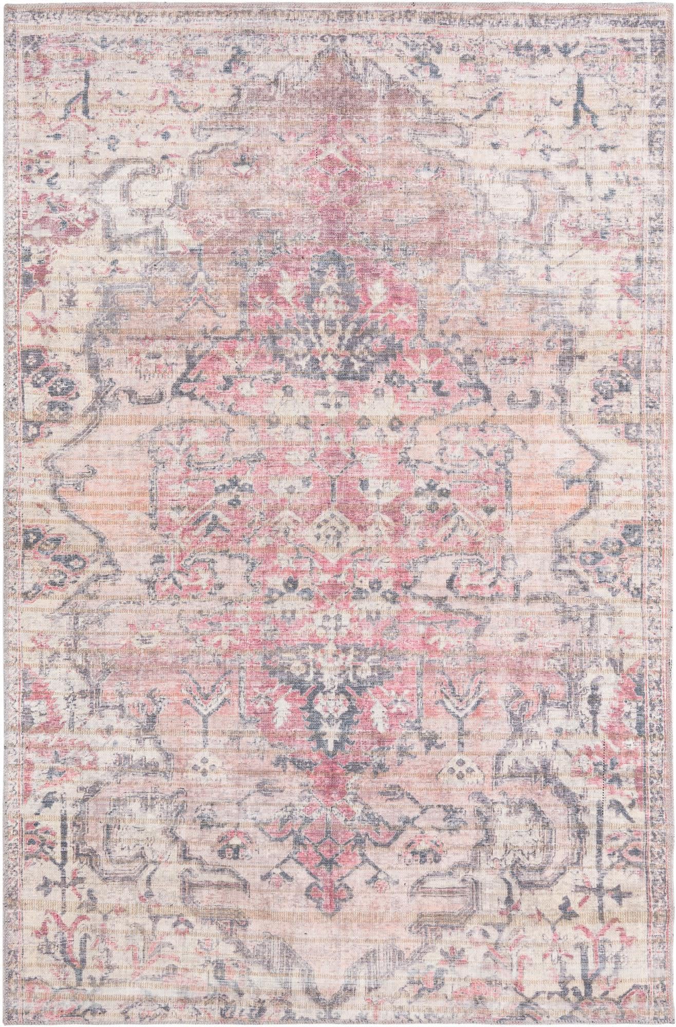 Beige Pink Rectangular Washable Synthetic Area Rug