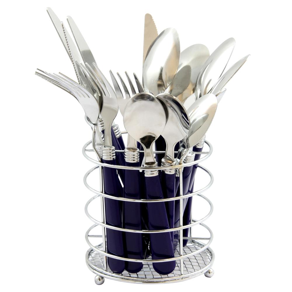 CoolCookware ZX9MGG205 Sensations Ii 16 Piece Flatware Set with Cobalt Plastic Handle with Wire Caddy