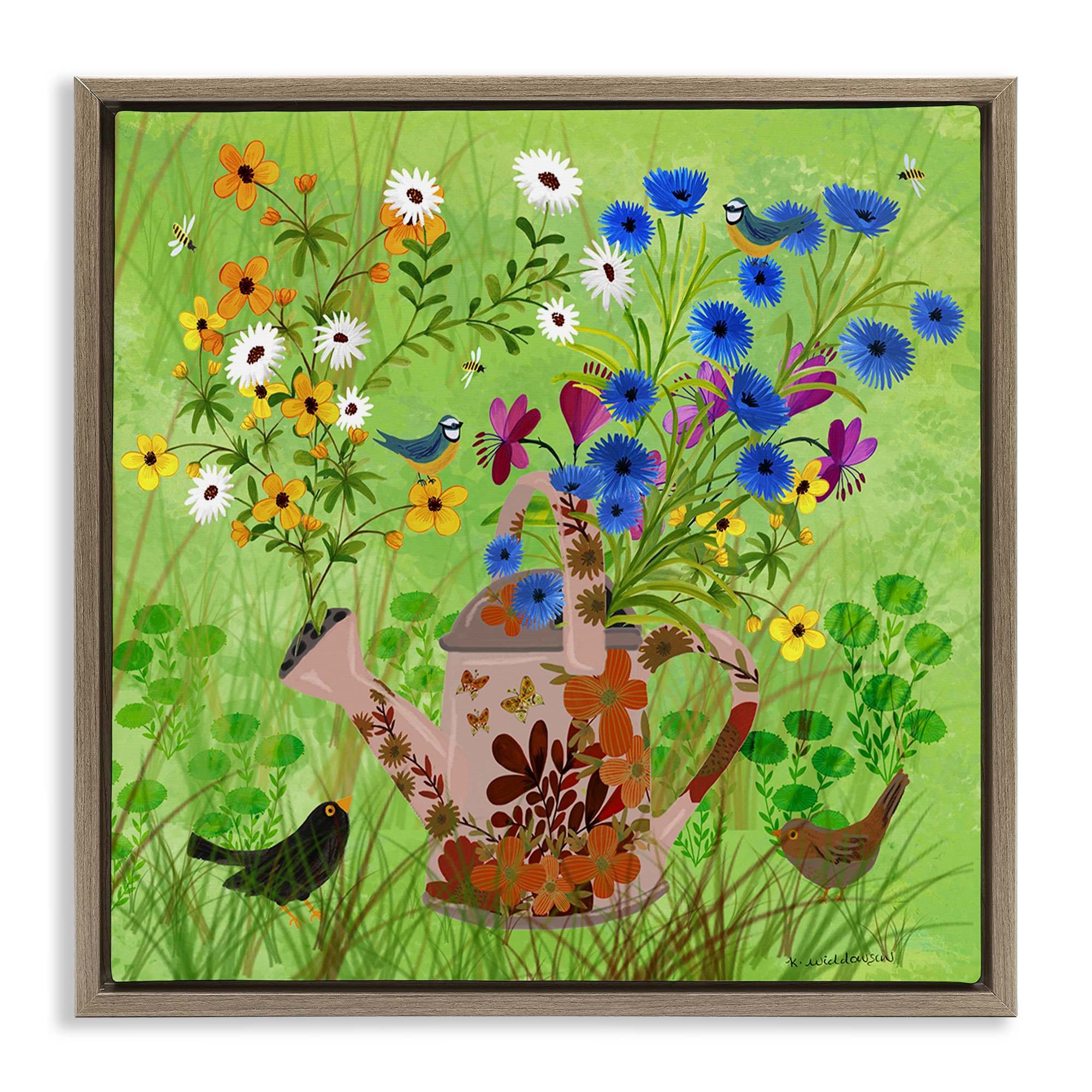 Stupell Industries BS-594-FFE-17X17 Bright Gardening Can and Birds Brown Framed Floater Canvas Wall Art By Kay Widdowson 18 x 18