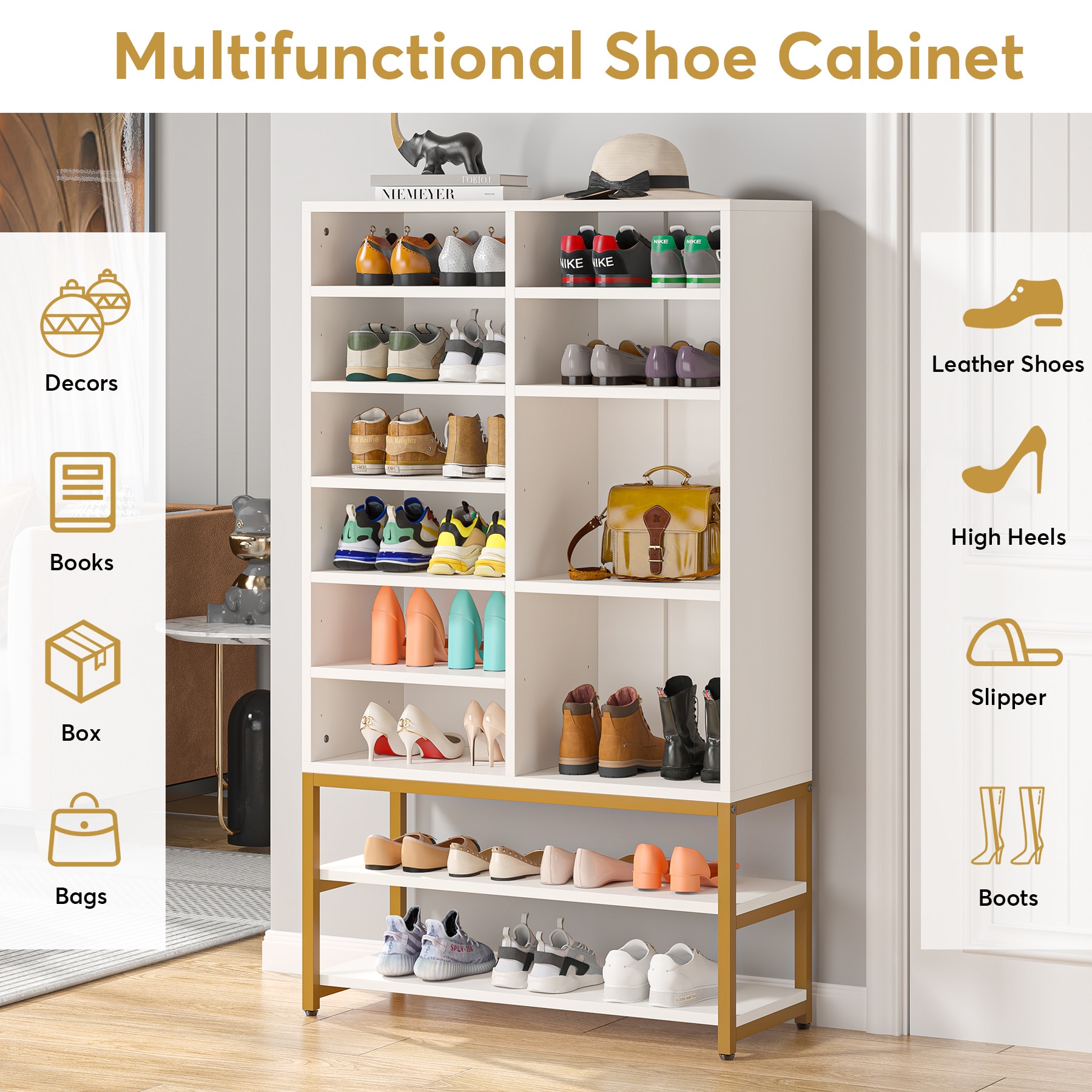 Tribesigns 24 Pairs Shoe Storage Cabinet, Tall Freestanding Shoe Rack with  8-Tier Shelves for Entryway, White 