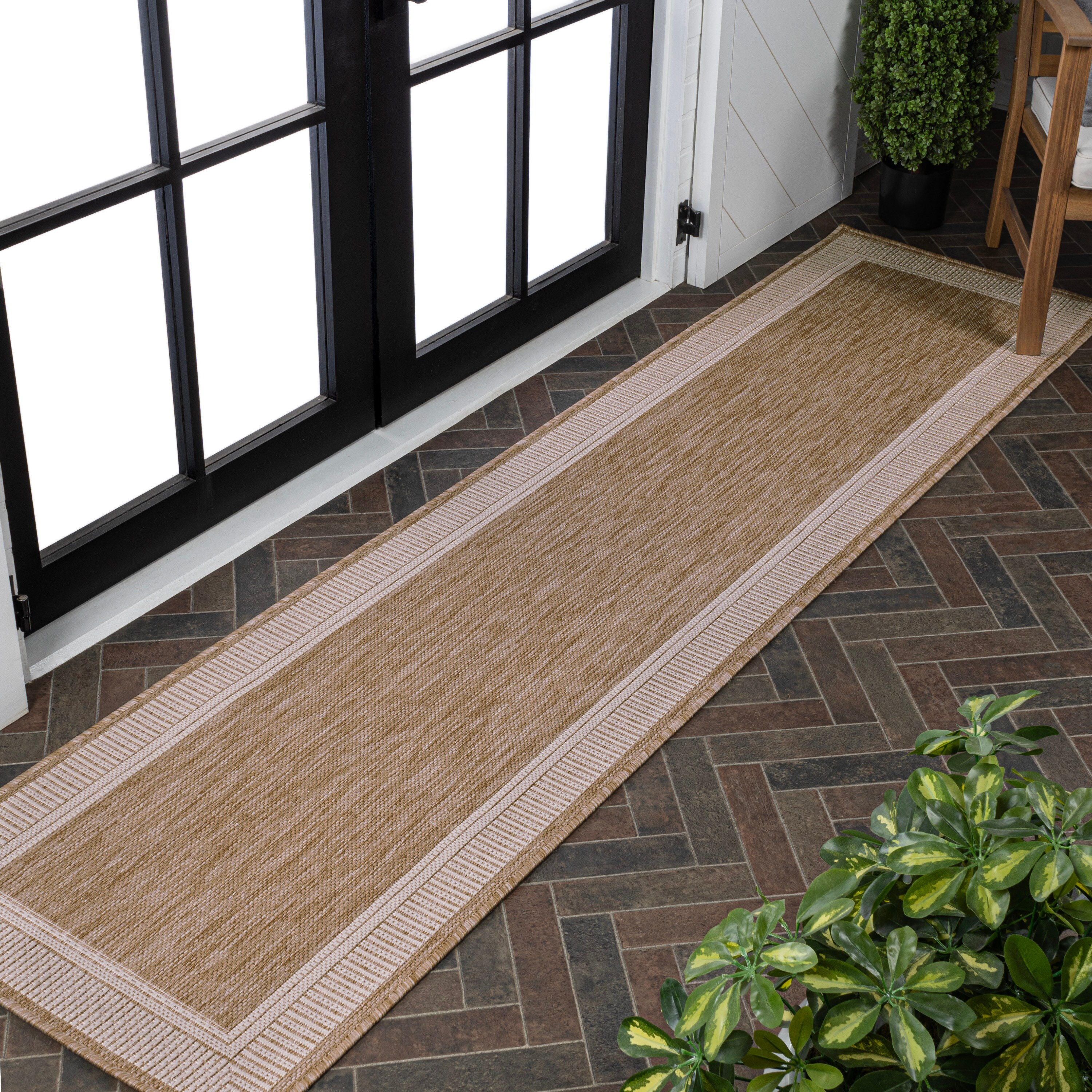Beige and Cream Coastal Stripe Indoor/Outdoor Runner Rug 2 x 8