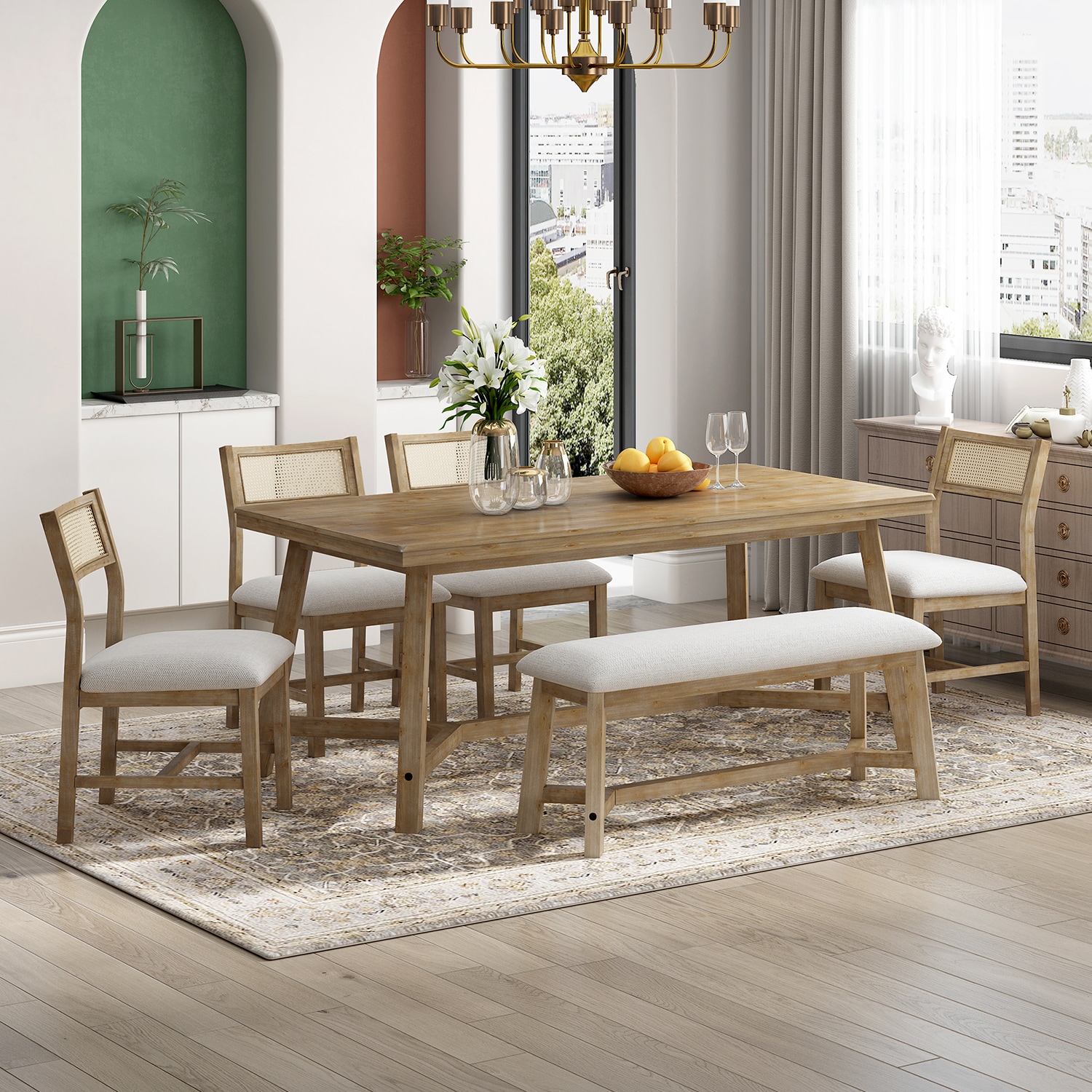 SINOFURN Brown Rustic Dining Room Set with Rectangular Table (Seats 6 ...