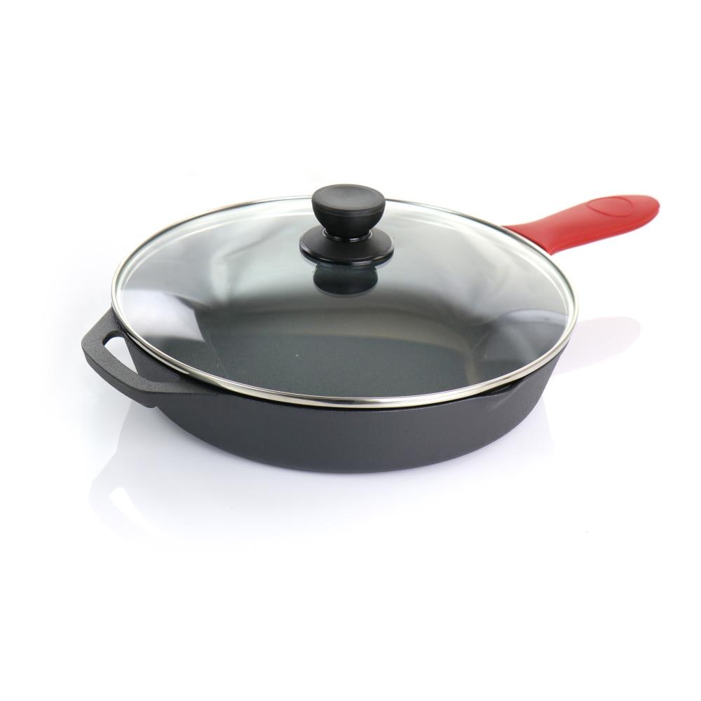 Pre-Seasoned 6 Piece Cast Iron Skillet Set with Lids and Red Silicone Holders