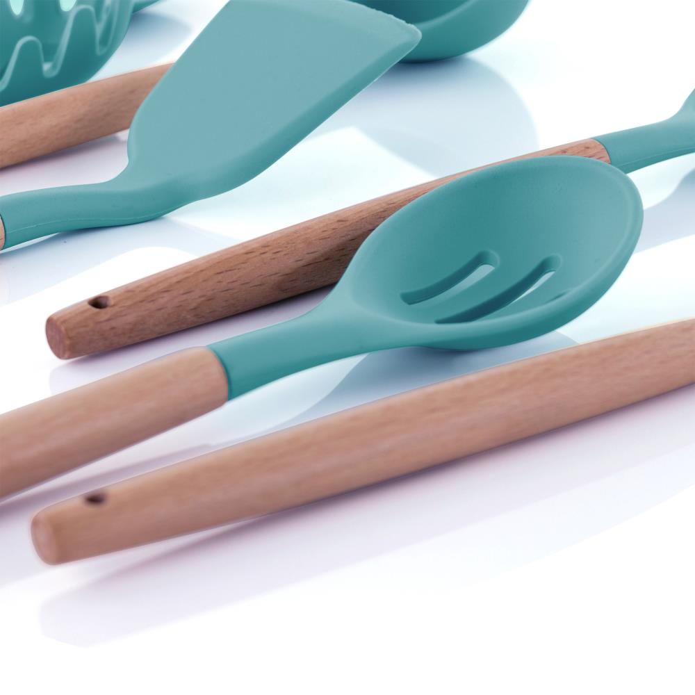 MegaChef Light Teal Silicone and Wood Cooking Utensils (Set of 12)