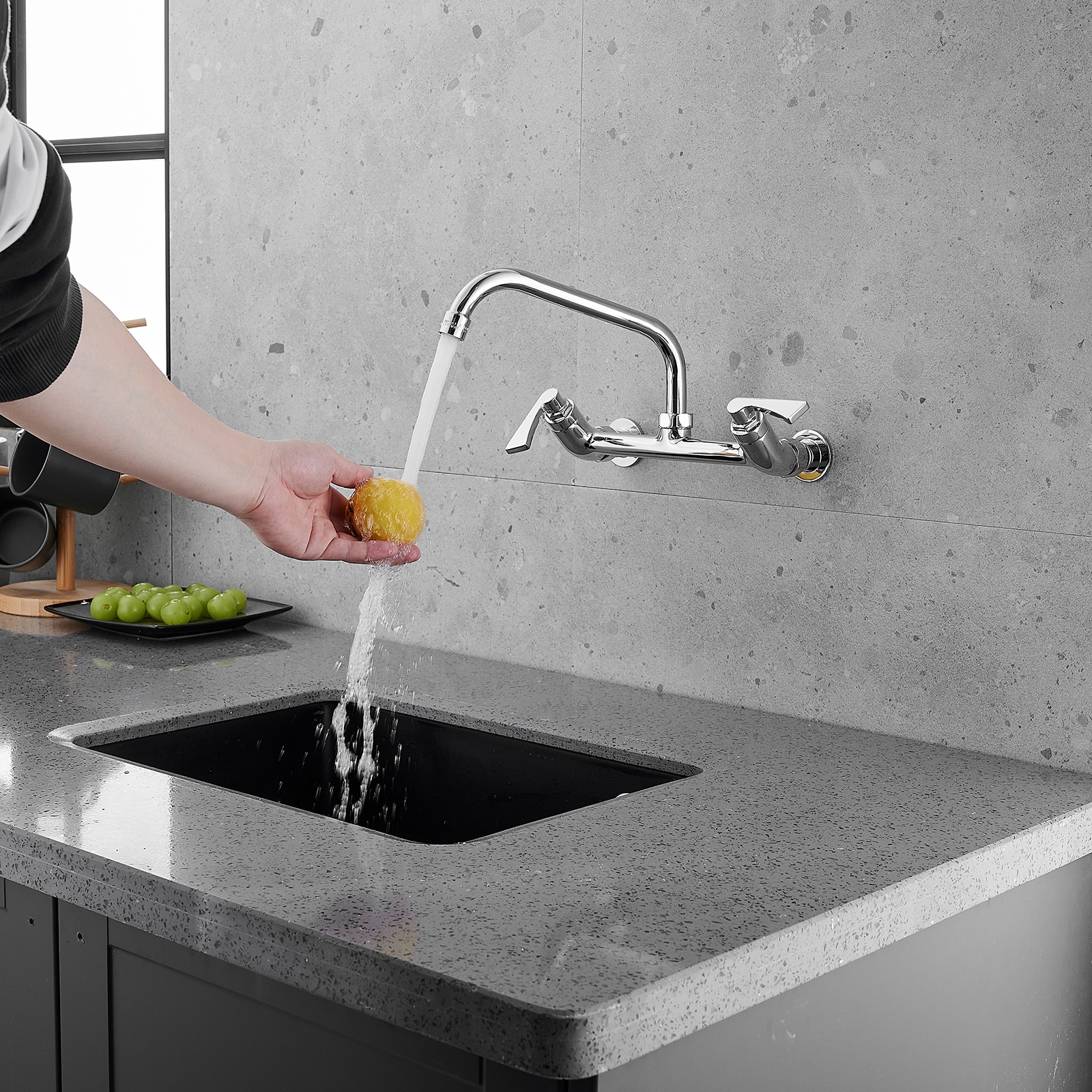 Chrome Double Handle Wall-Mount Kitchen Faucet with Swivel Spout