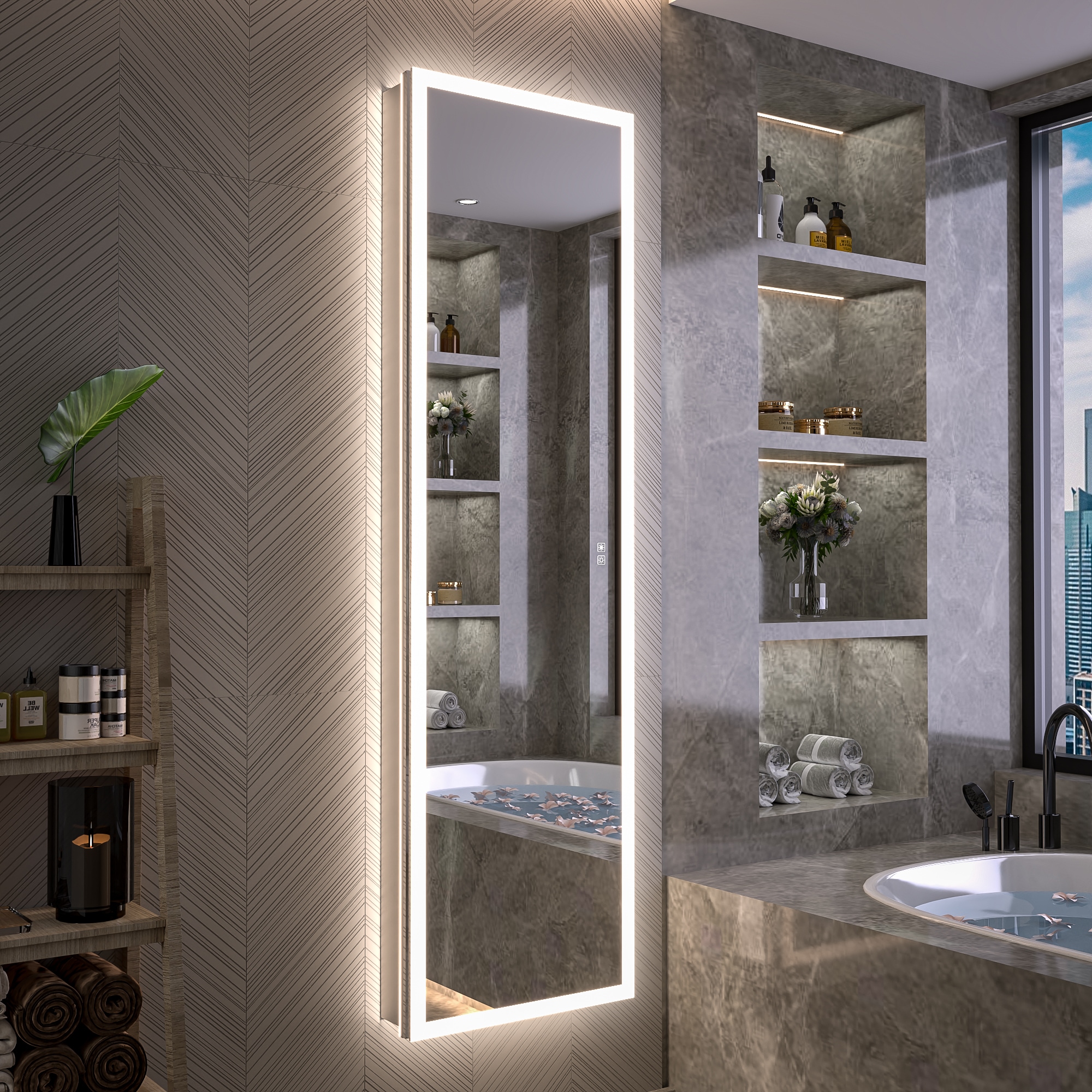AAZJ HSV21 20-in x 70-in Lighted LED Surface/Recessed Mount Silver Mirrored Rectangle Soft Close Medicine Cabinet with Outlet