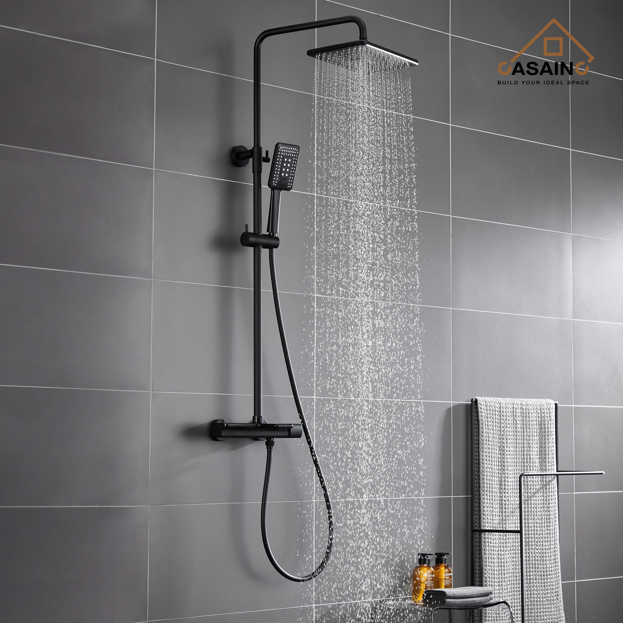 CASAINC Thermostatic Rectangle Shower Faucet Matte Black Dual Head ...