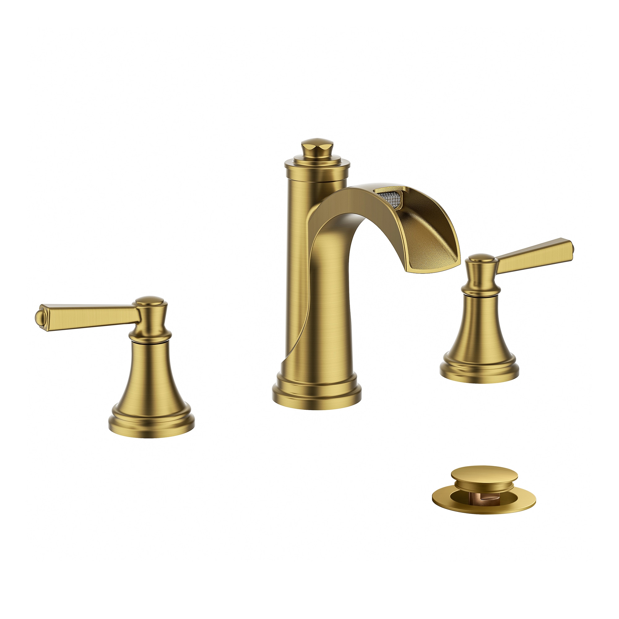 FURUISI LLA3120G Gold Widespread 2-handle Waterfall Commercial/Residential Handle Bathroom Sink Faucet with Drain