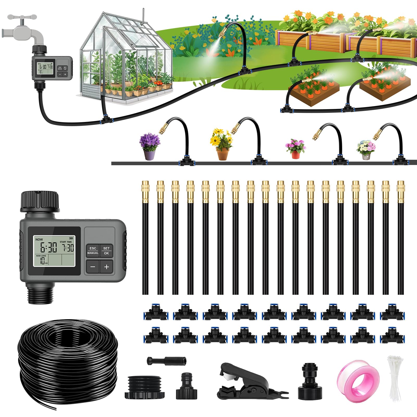 Etokfoks  60FT Drip Irrigation Kit with Automatic Programmable Water Timer 360 Degree Adjustable Nozzles and Bendable Tubing for Garden Greenhouse Lawn 1 Kit