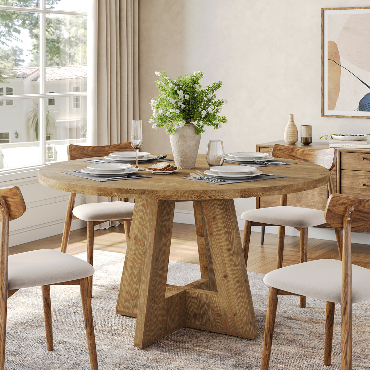 LITTLE TREE - 47-Inch Brown Round Solid Wood Dining Kitchen Table for 4-6