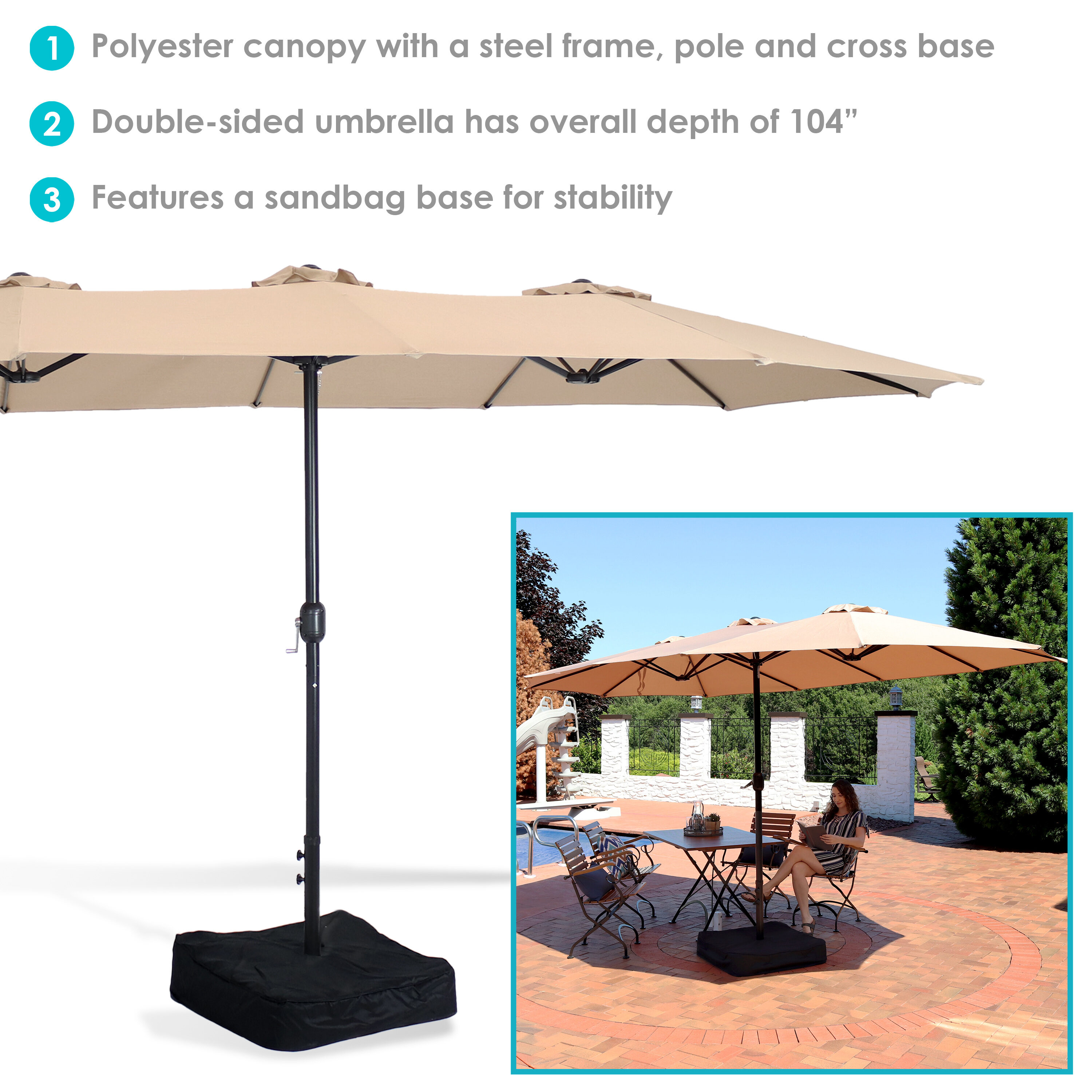 Tan Double-Sided Steel Market Umbrella with Polyester Canopy