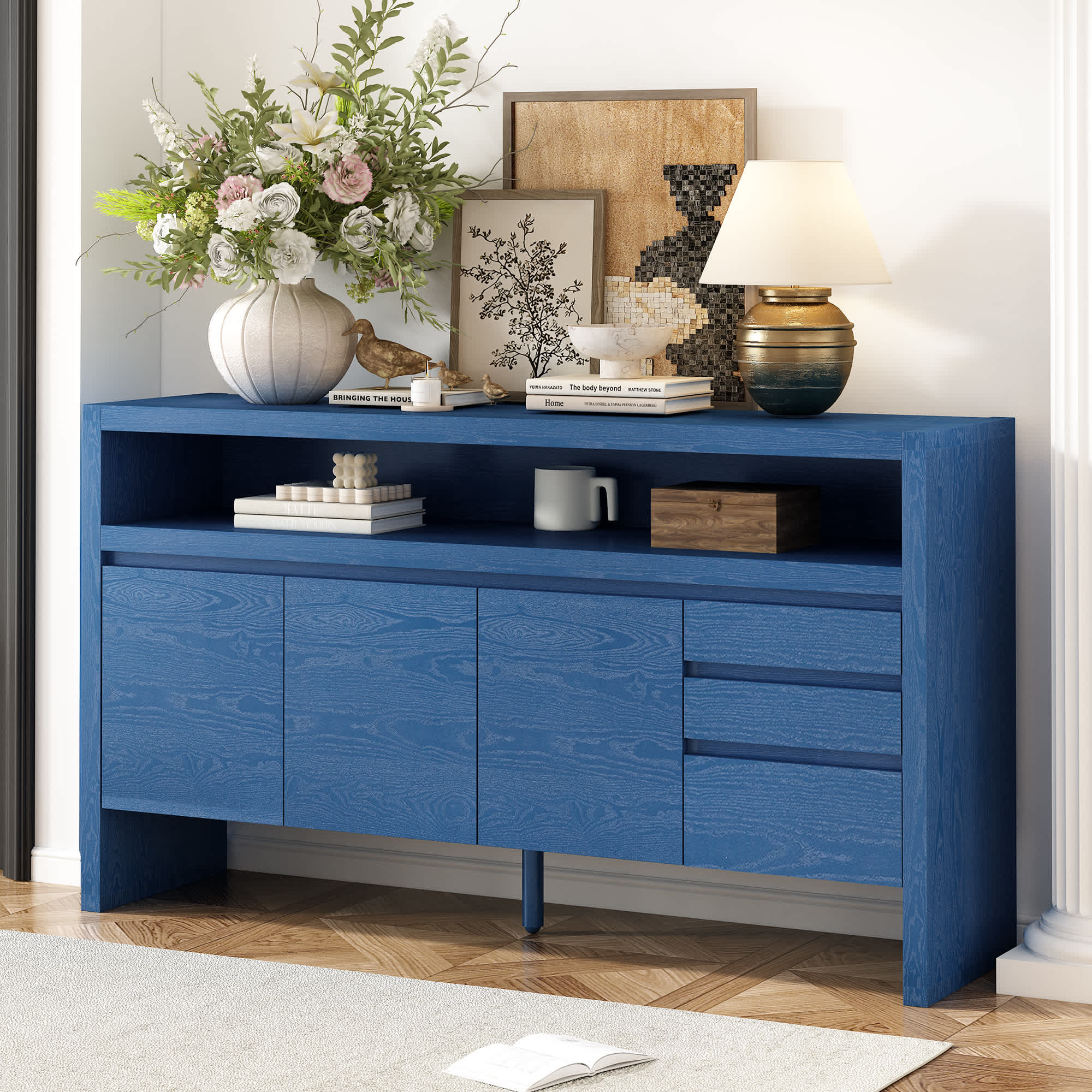 JUJABU ZJSIDEBOARD-4 Navy Blue 60In 3-Door Sideboard with 3 Drawers Modern Solid Ash Veneer MDF Sideboard in Back Panel Large Storage Cabinet for Living Room Hallway Dining