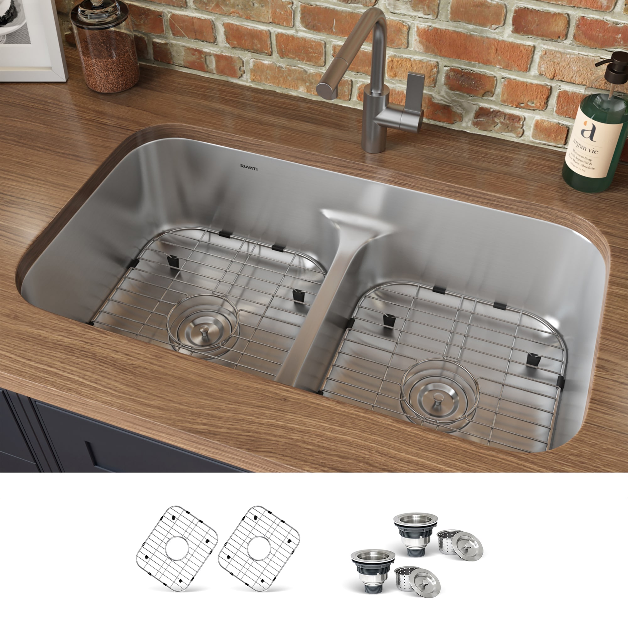 Ruvati RVM4350 Parmi Undermount 32-in x 19-in Stainless steel Double equal bowl 16 -Gauge Kitchen Sink