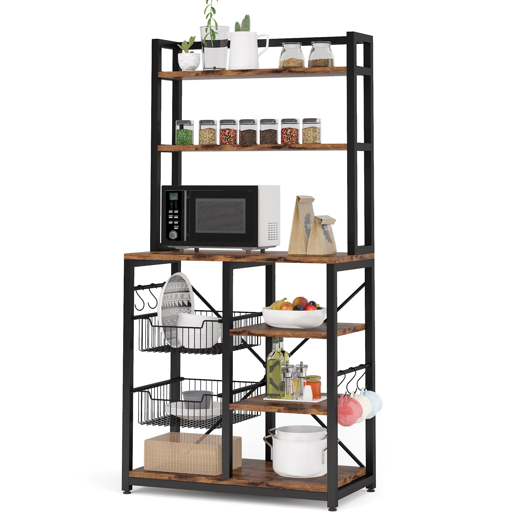 Tribesigns Tribesigns 6 Tier Kitchen Baker S Rack With 6 Hooks And Hutch Free Standing Microwave Oven Stand With 2 Wire Baskets Utility Storage Shelf Kitchen Island In The Kitchen Islands Carts Department